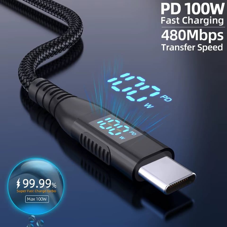 🔥 100W USB‐C Fast Charging Cable – Nylon Braided LED Power