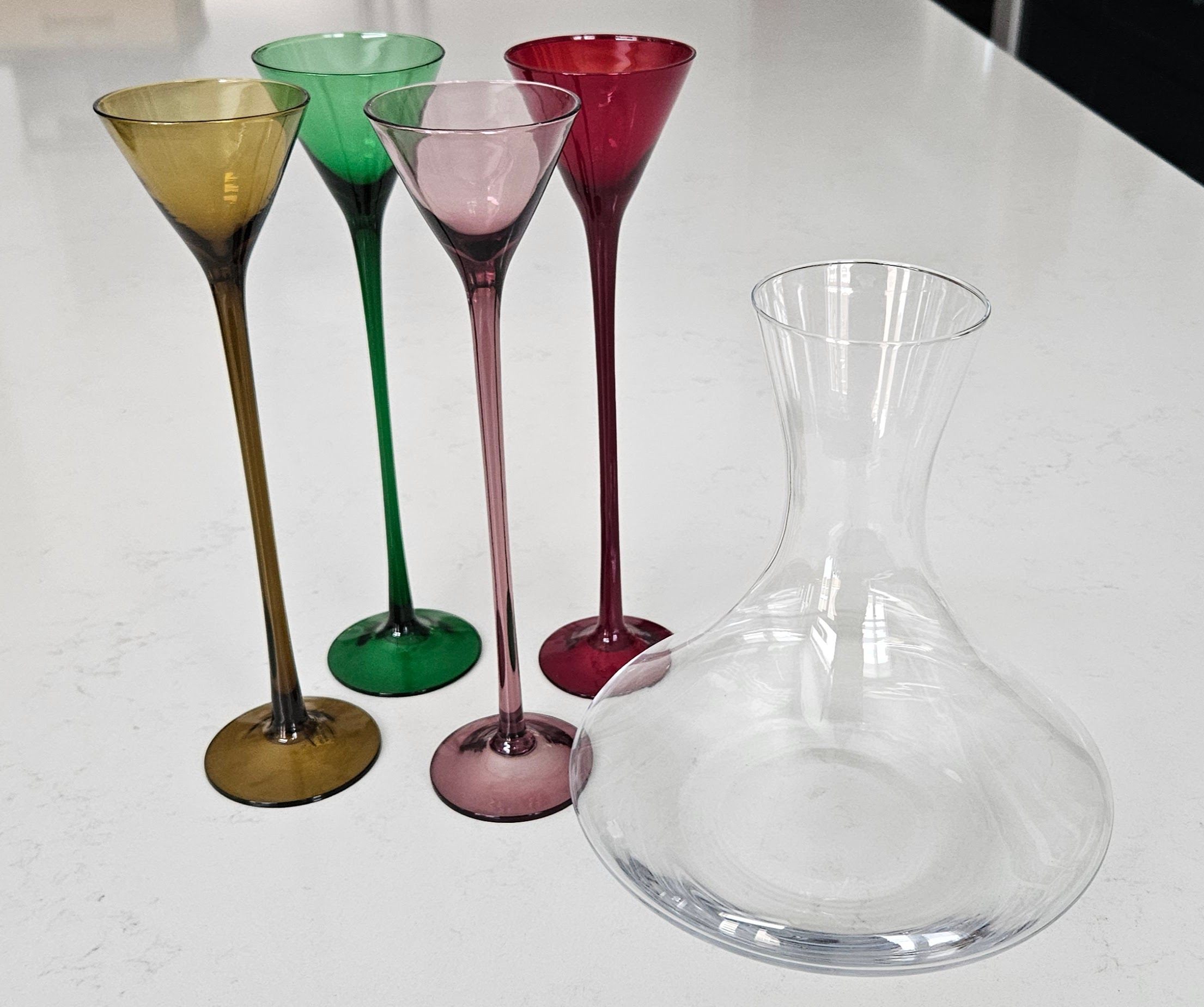 Mikasa Crystal Wine Carafe and 4 Fancy Coloured Liquor Glasses