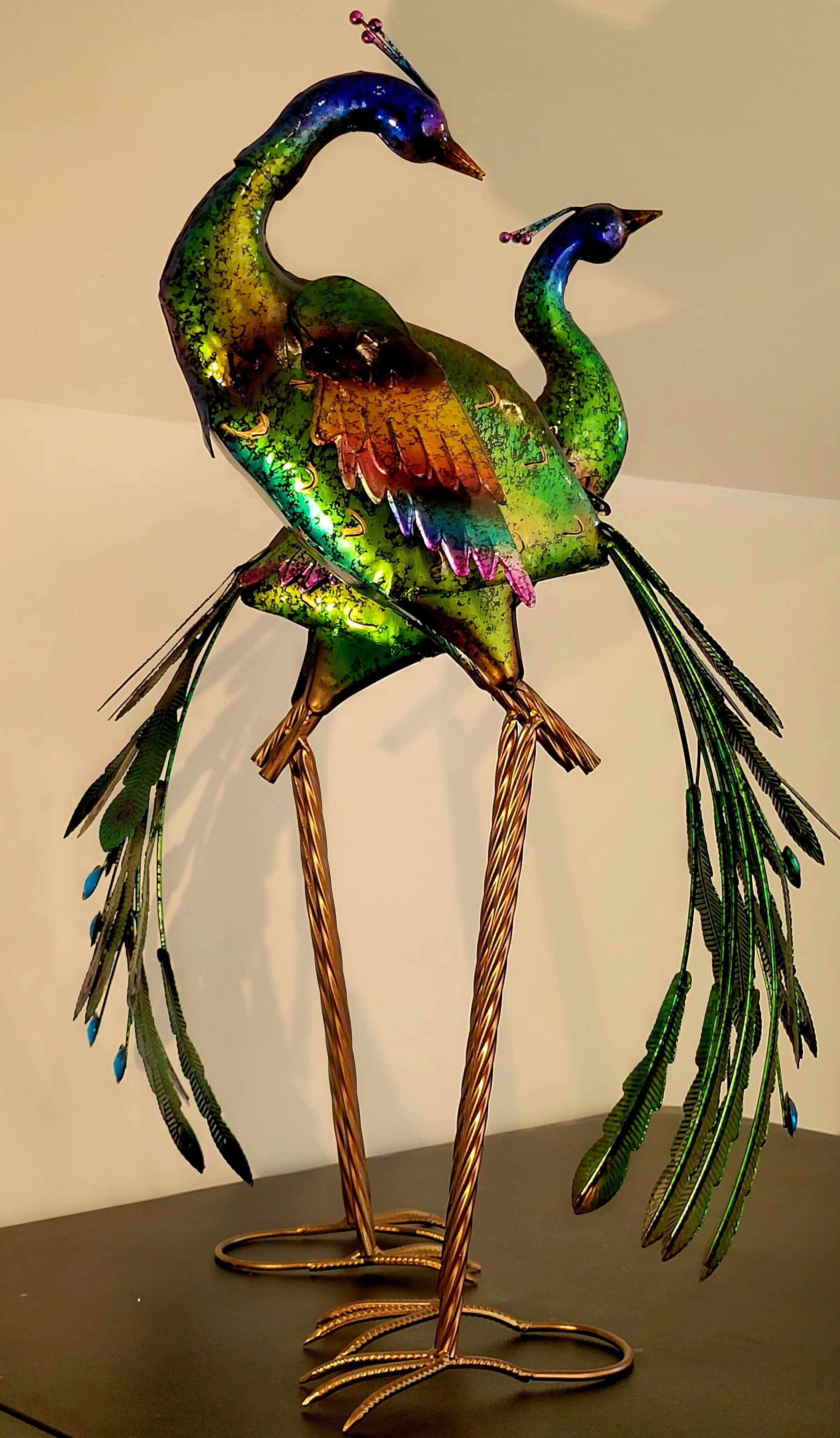 Vibrant Metal Peacock Statues – Colorful Décor (Set of 2) $30