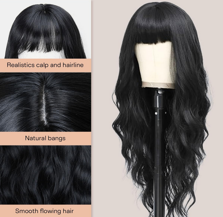 Natural Black Wavy Wig with Bangs 26-Inch (New, Unworn) - photo 2
