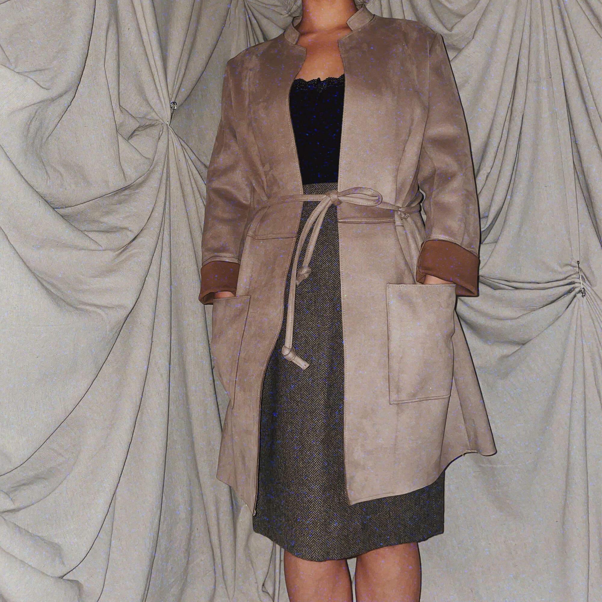 brown suede robe wrap jacket long sleeves coat outerwear