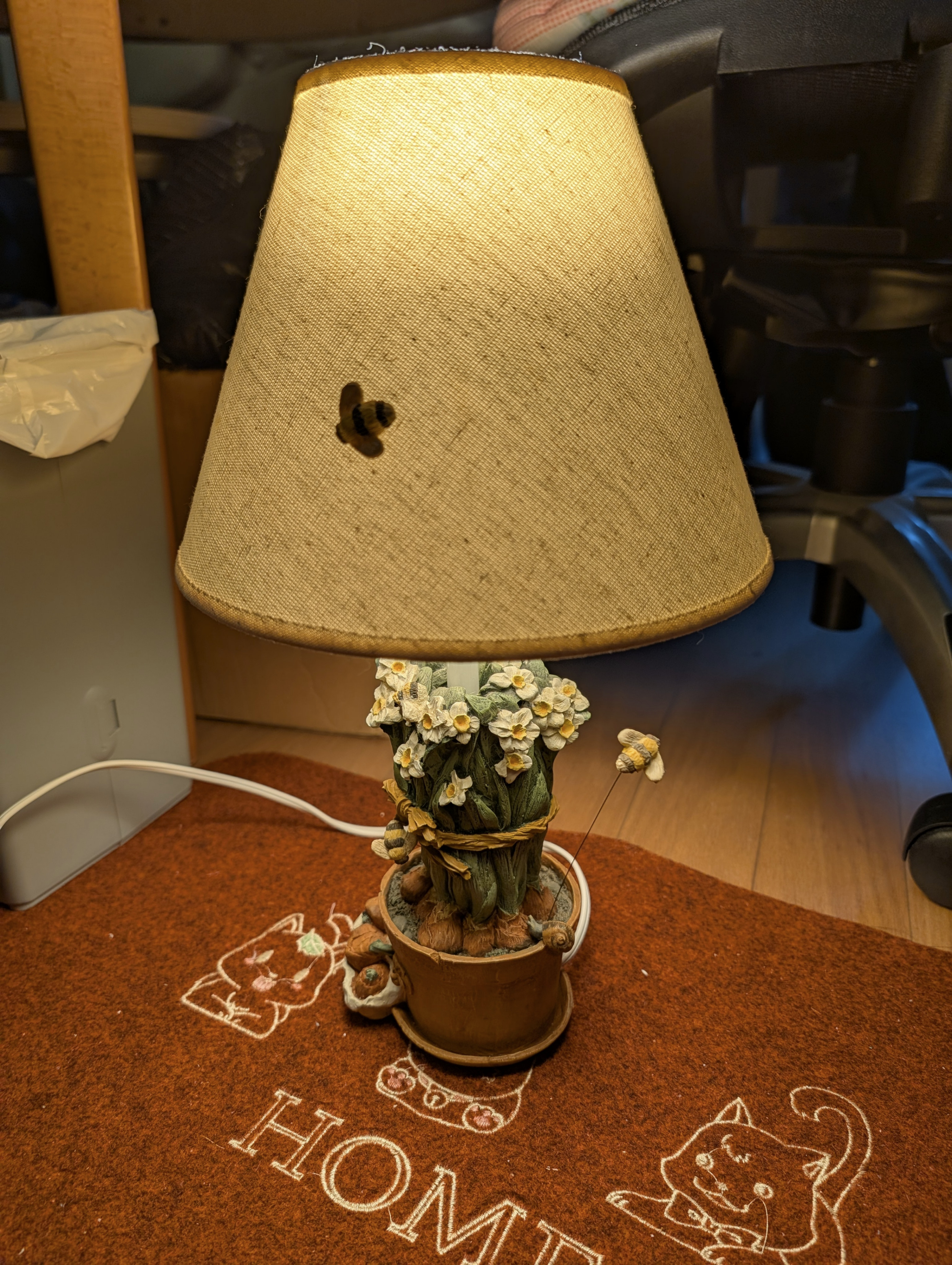 Desk Lamp with Ceramic Floral Base & Bee Decor