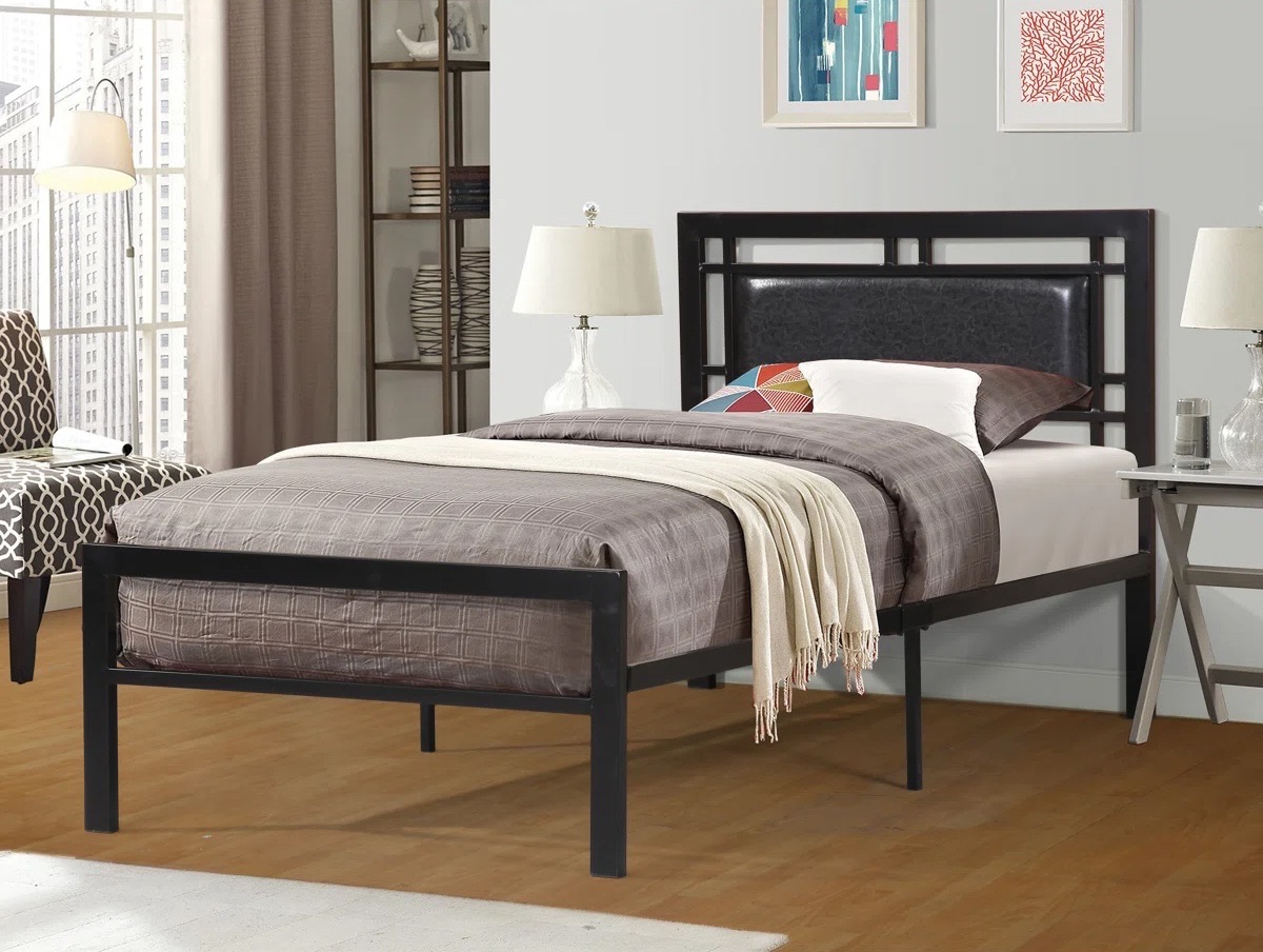 Modern Twin Bed Frame – Black Metal with Padded Headboard - photo 2