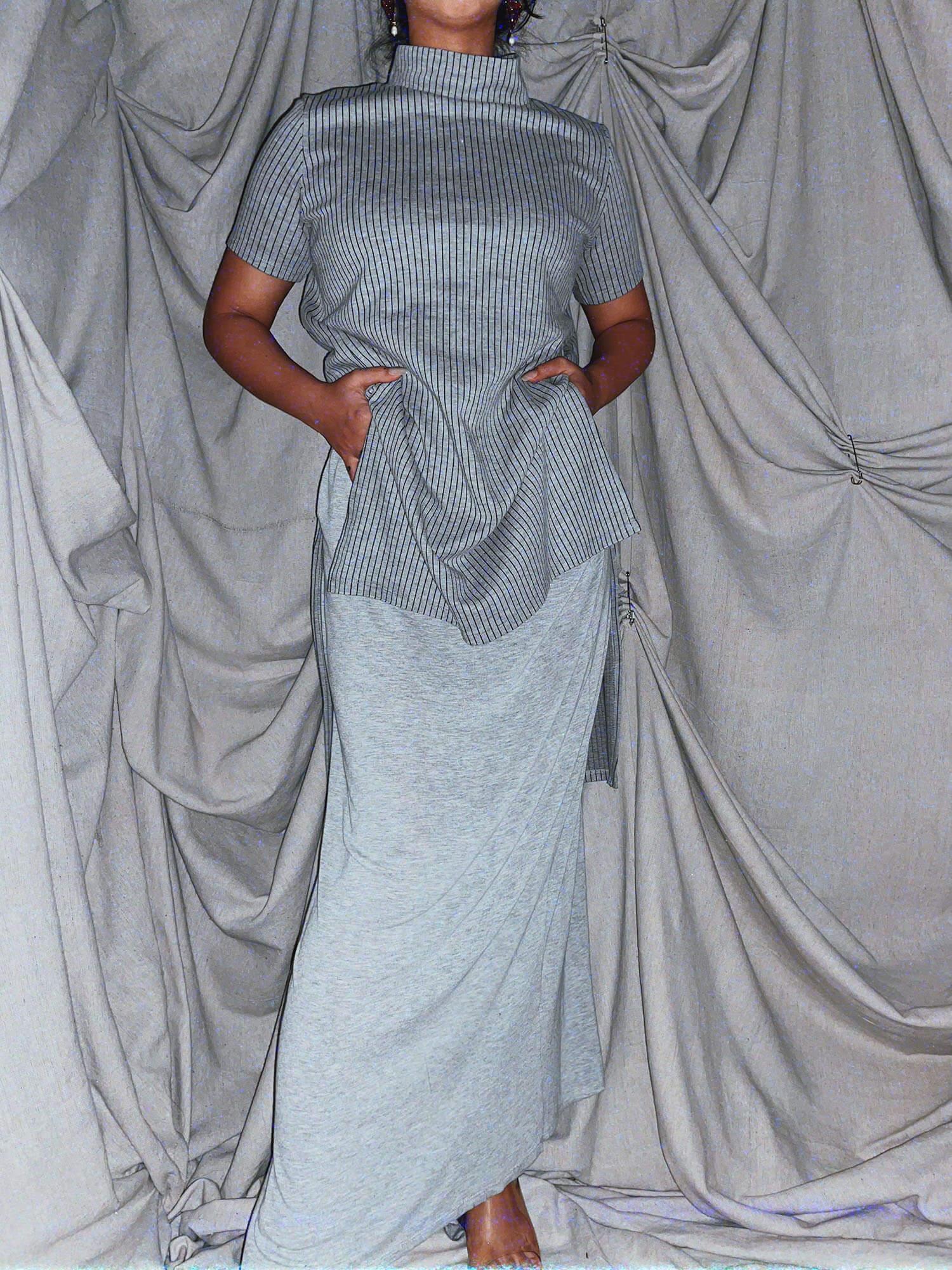 office siren set ★ grey stripe long shirt + high slit max skirt - photo 5