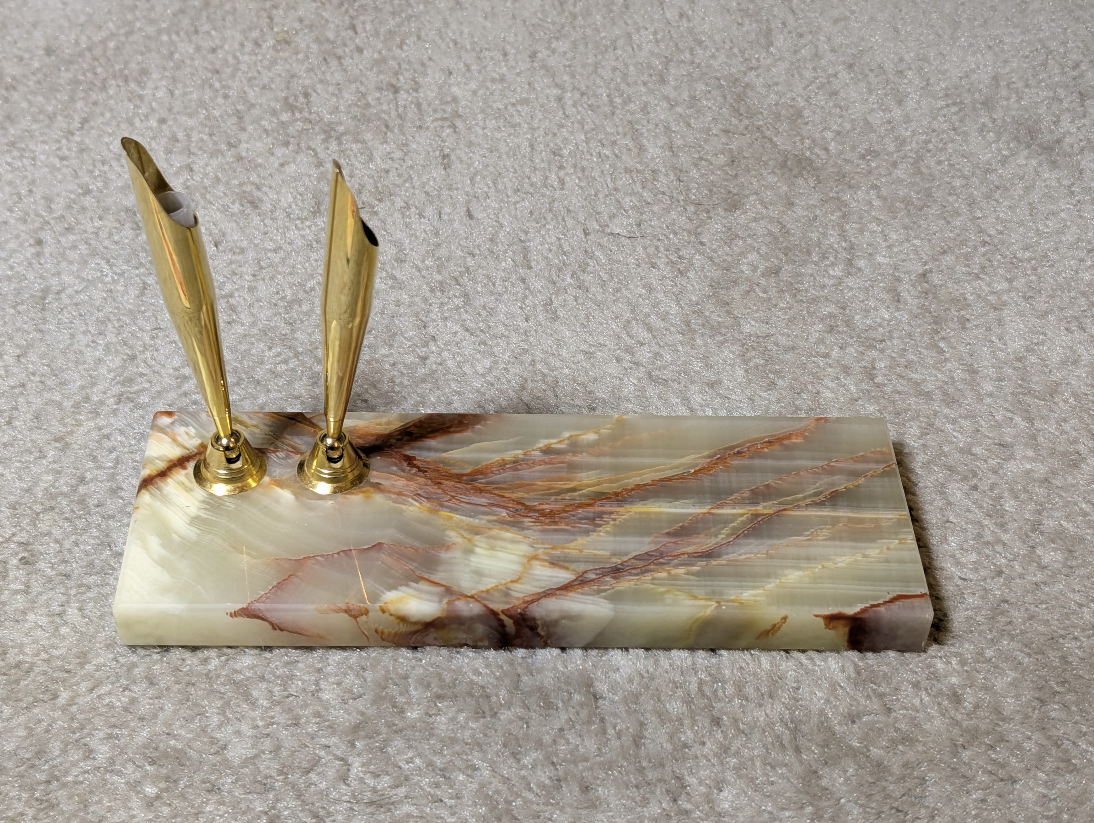 Vintage 7" Green Onyx Marble Stone Double Brass Pen Holder
