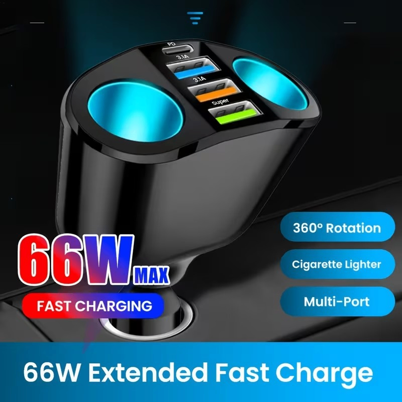 66W 4-Port USB Car Charger with 2 Cigarette Lighter Adapters
