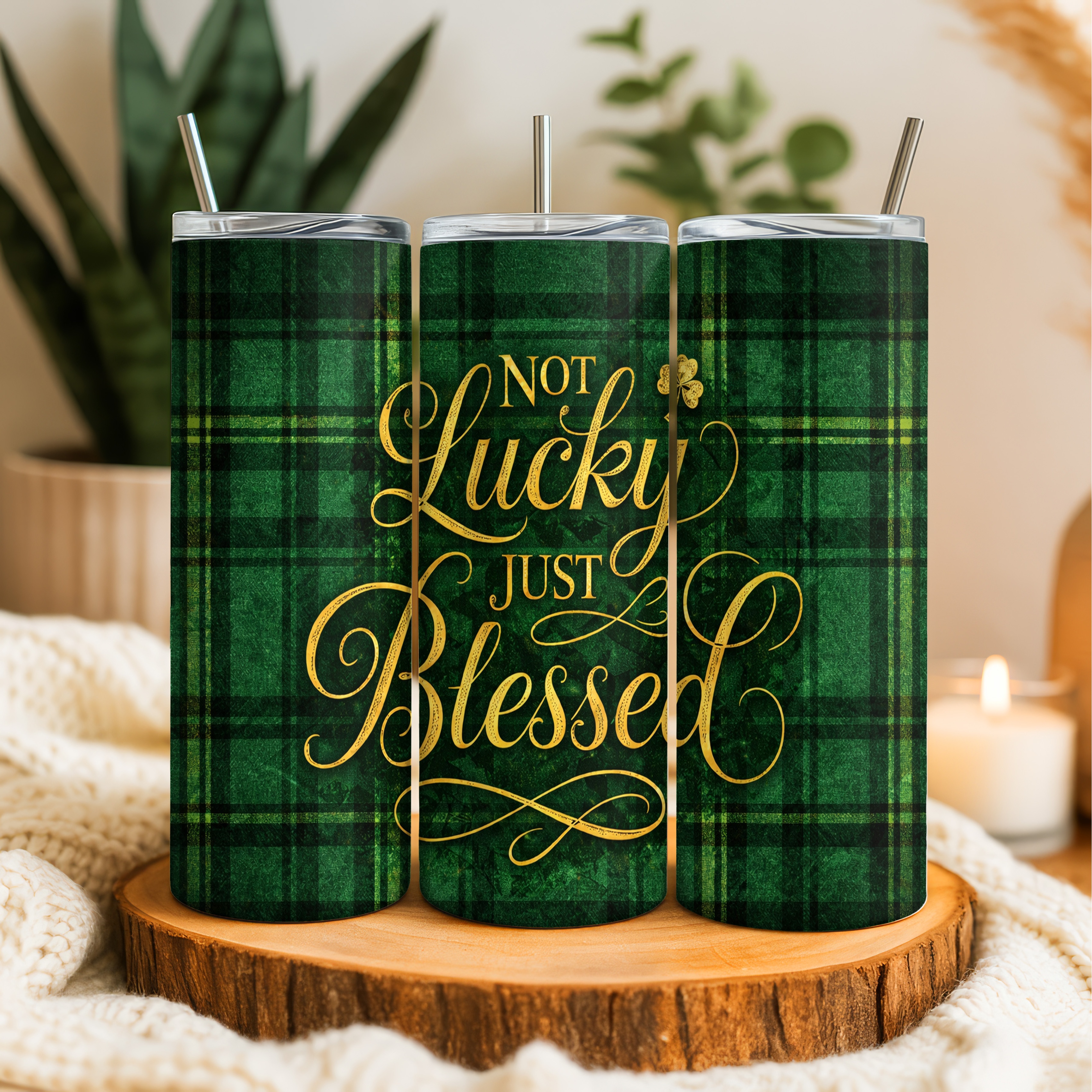 Green Plaid 'Not Lucky Just Blessed' Tumbler