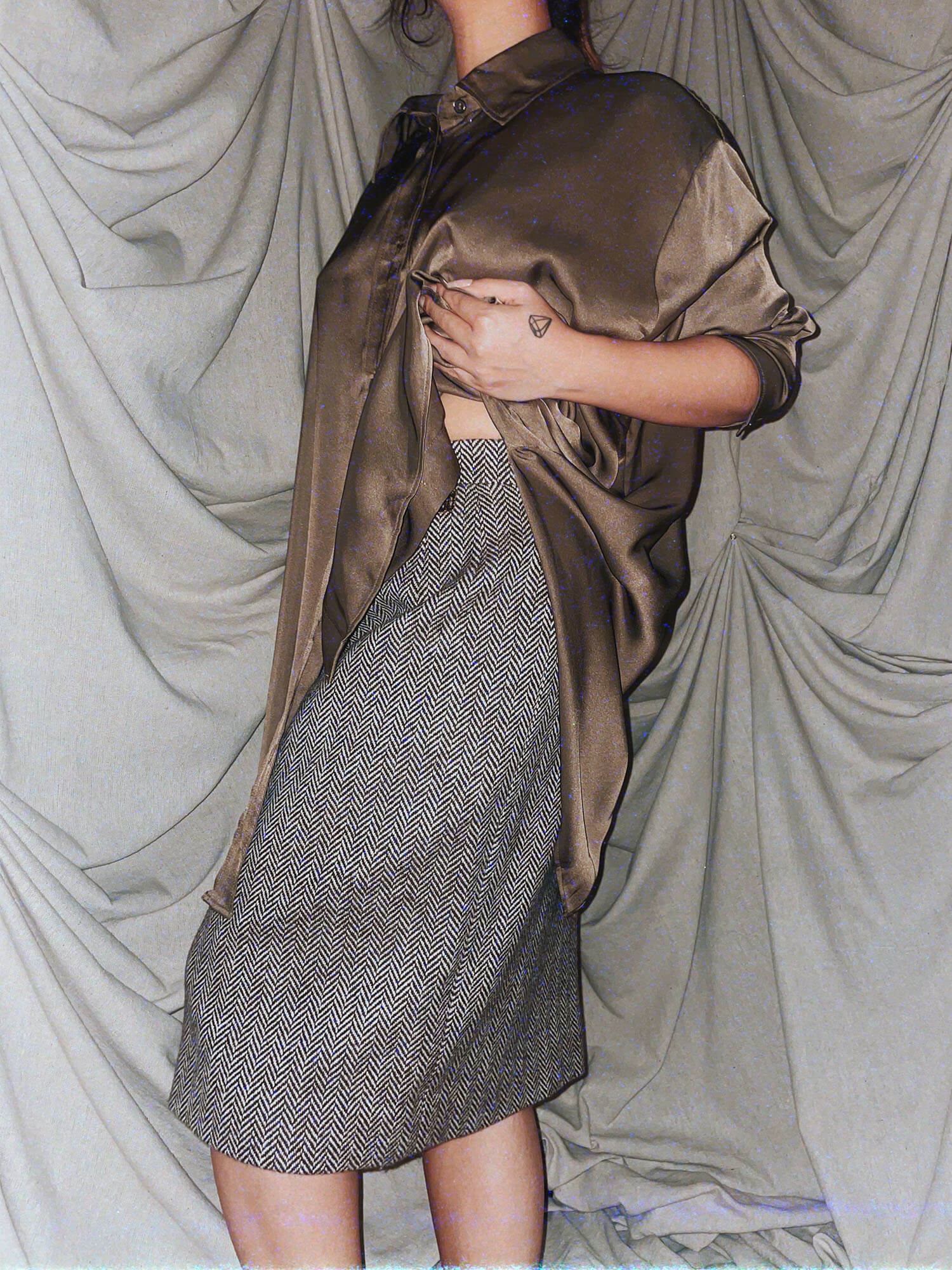 vintage chevron brown wool midi skirt - photo 2