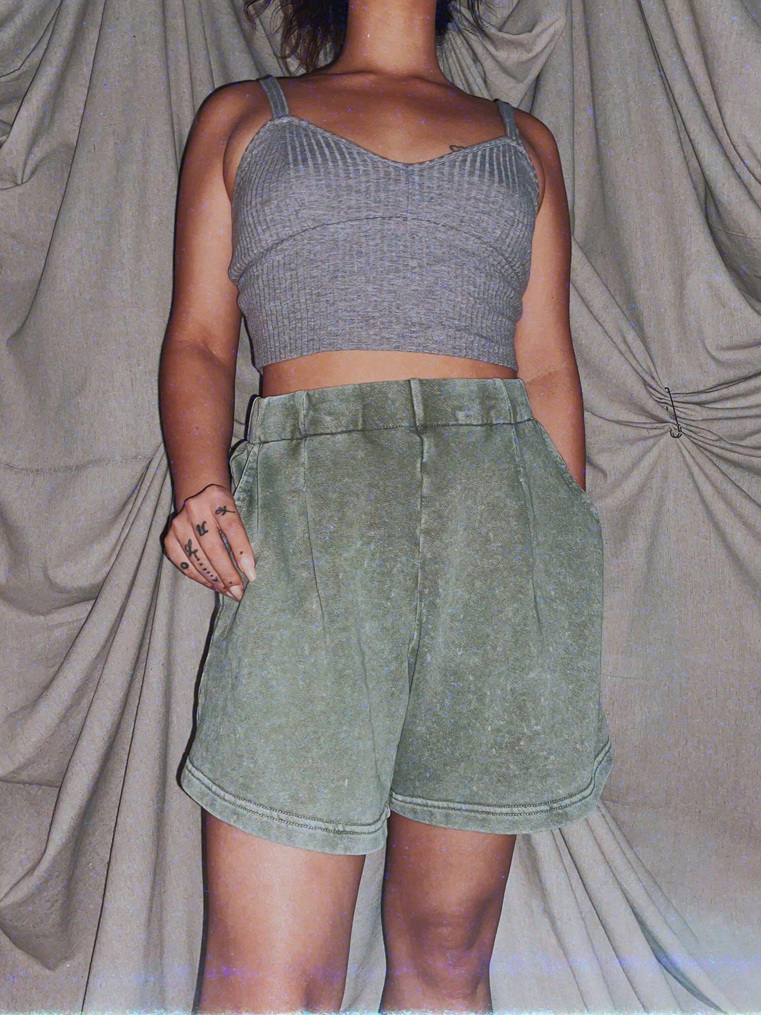 green acid wash soft high waist wide leg shorts - photo 4