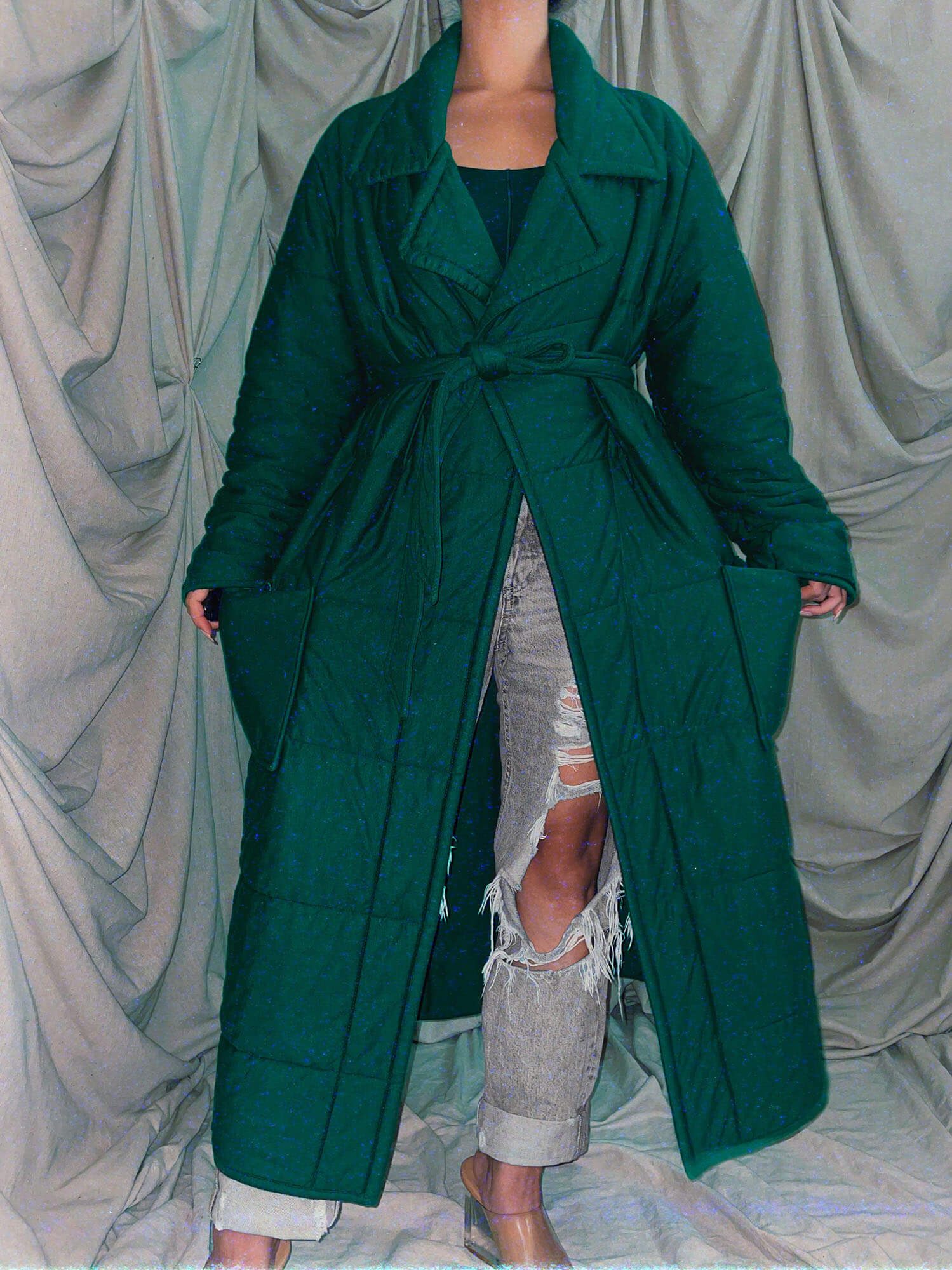 Green long maxi quilted coat outerwear jacket unisex robe - photo 4