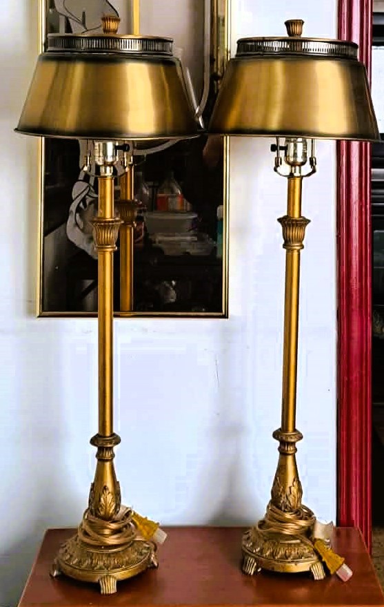 2 VTG Burnished Brass Tole Shades Pierced Gallery Antique Finish