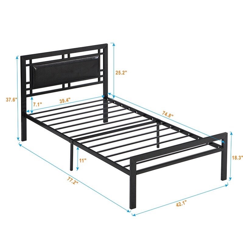 Modern Twin Bed Frame – Black Metal with Padded Headboard - photo 4