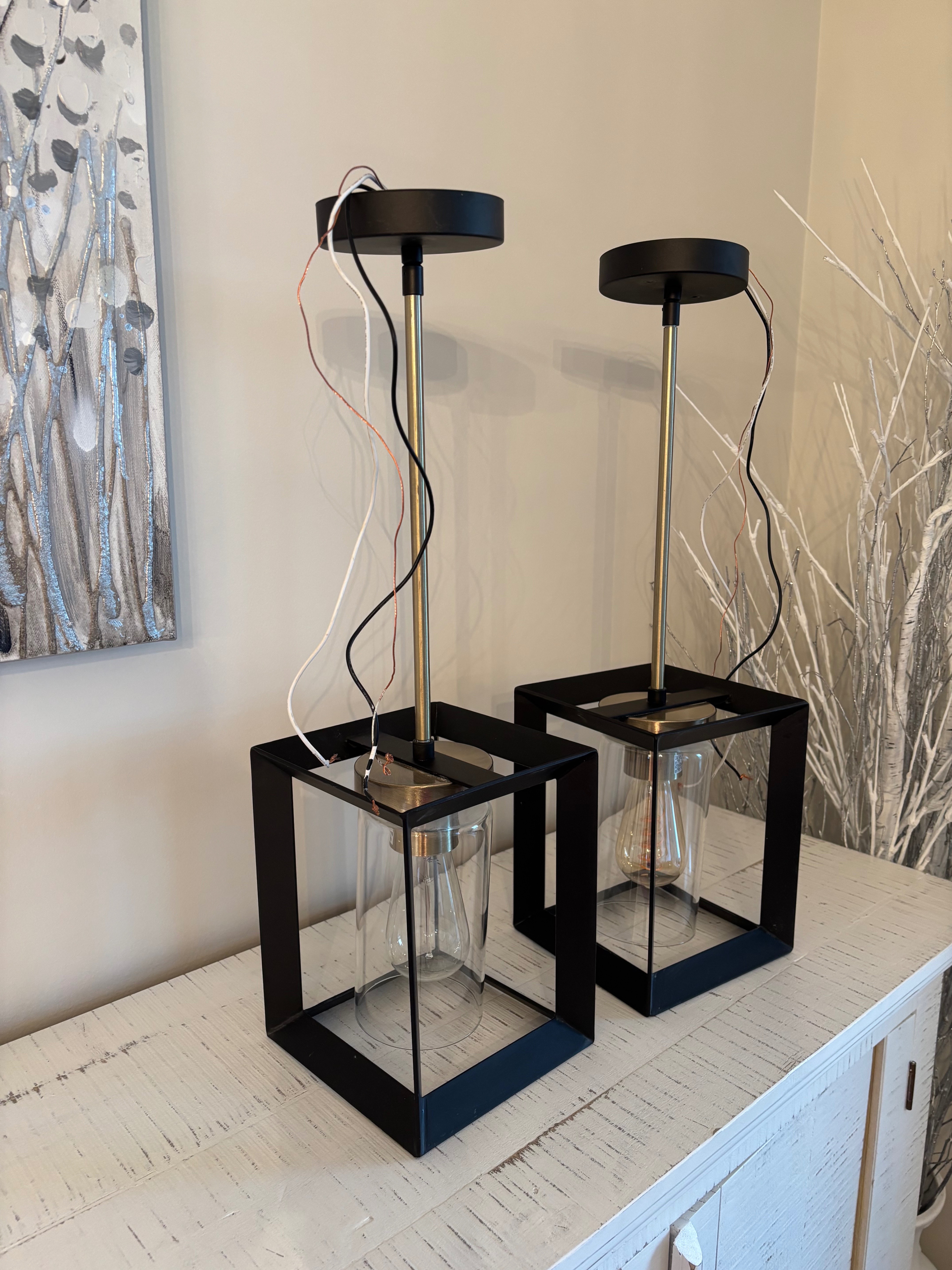 Pendant lights-two-black metal with silver rod - photo 5