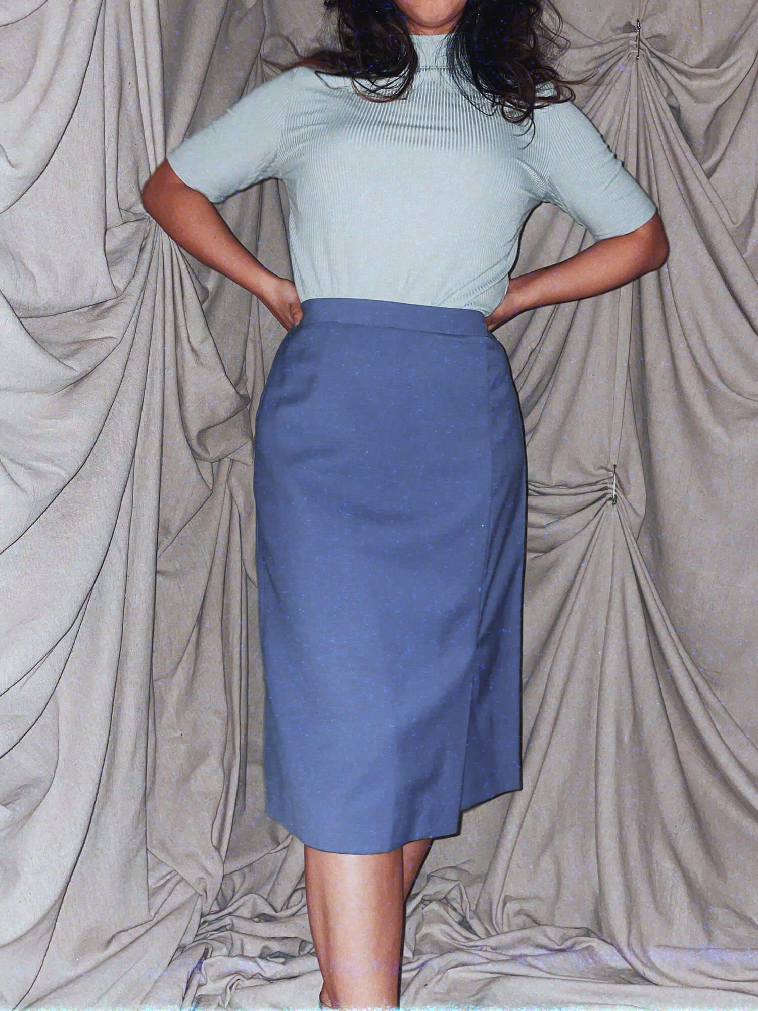 vintage cornflower blue midi high waist office skirt - photo 4