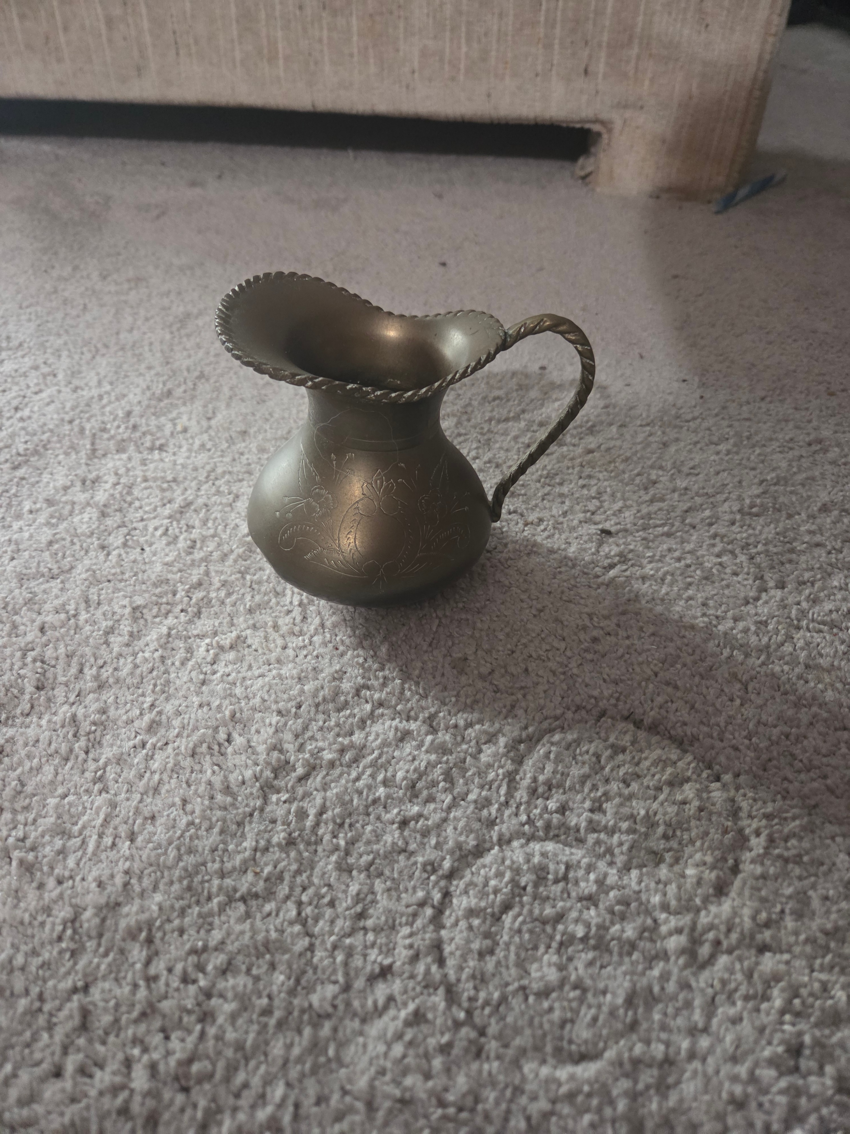 Vintage 4" Etched Solid Brass Mini Pitcher, Made in India, 300g