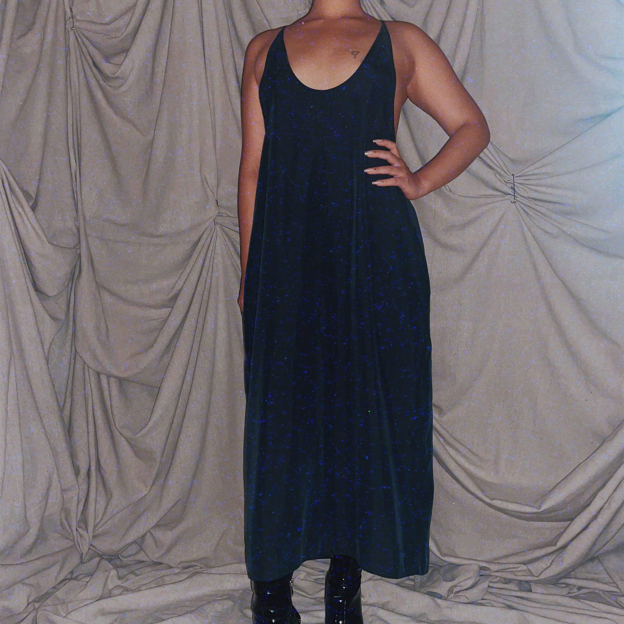 navy blue geometric shape boxy suede dress with pockets