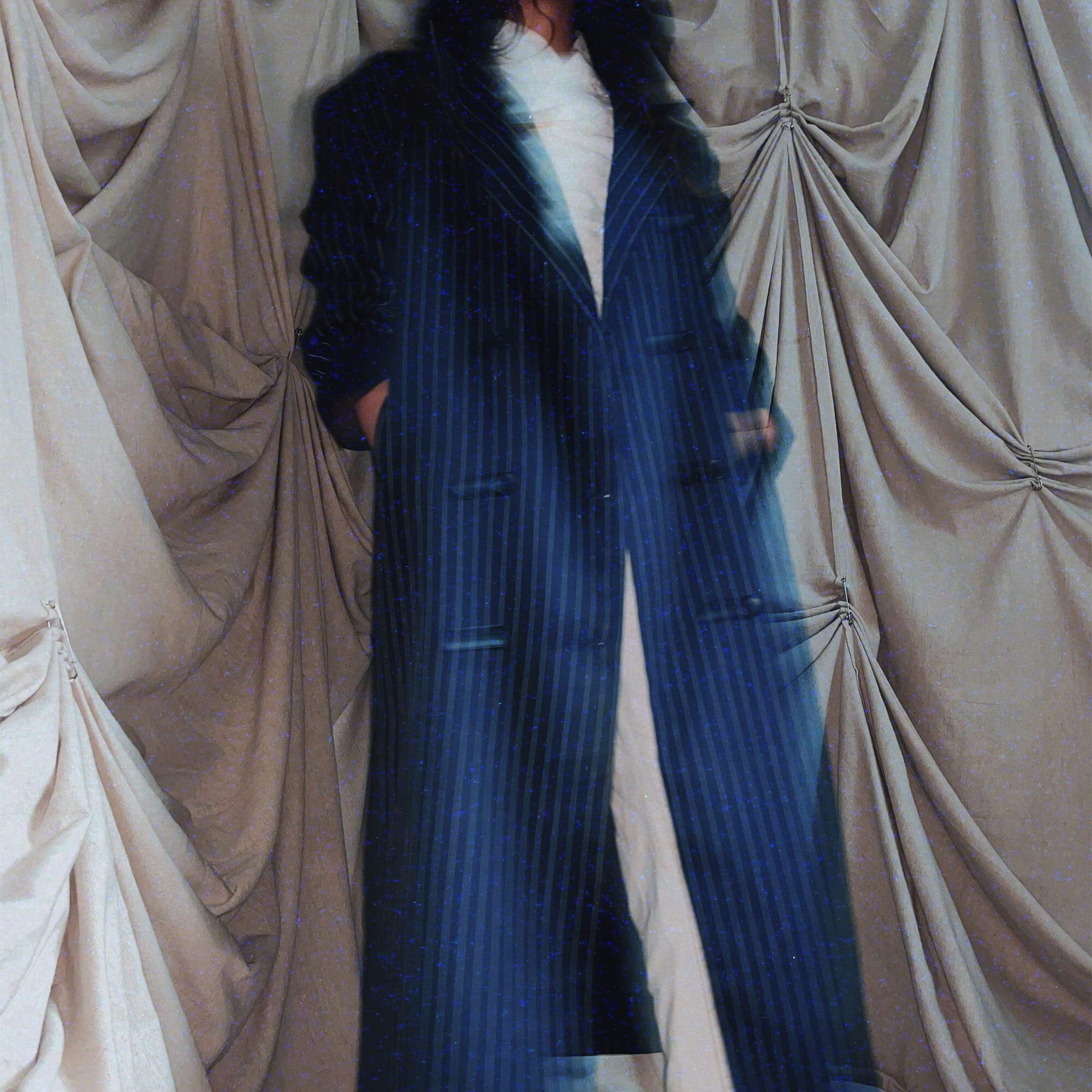 long maxi navy blue pinstripe coat, boxy jacket outerwear
