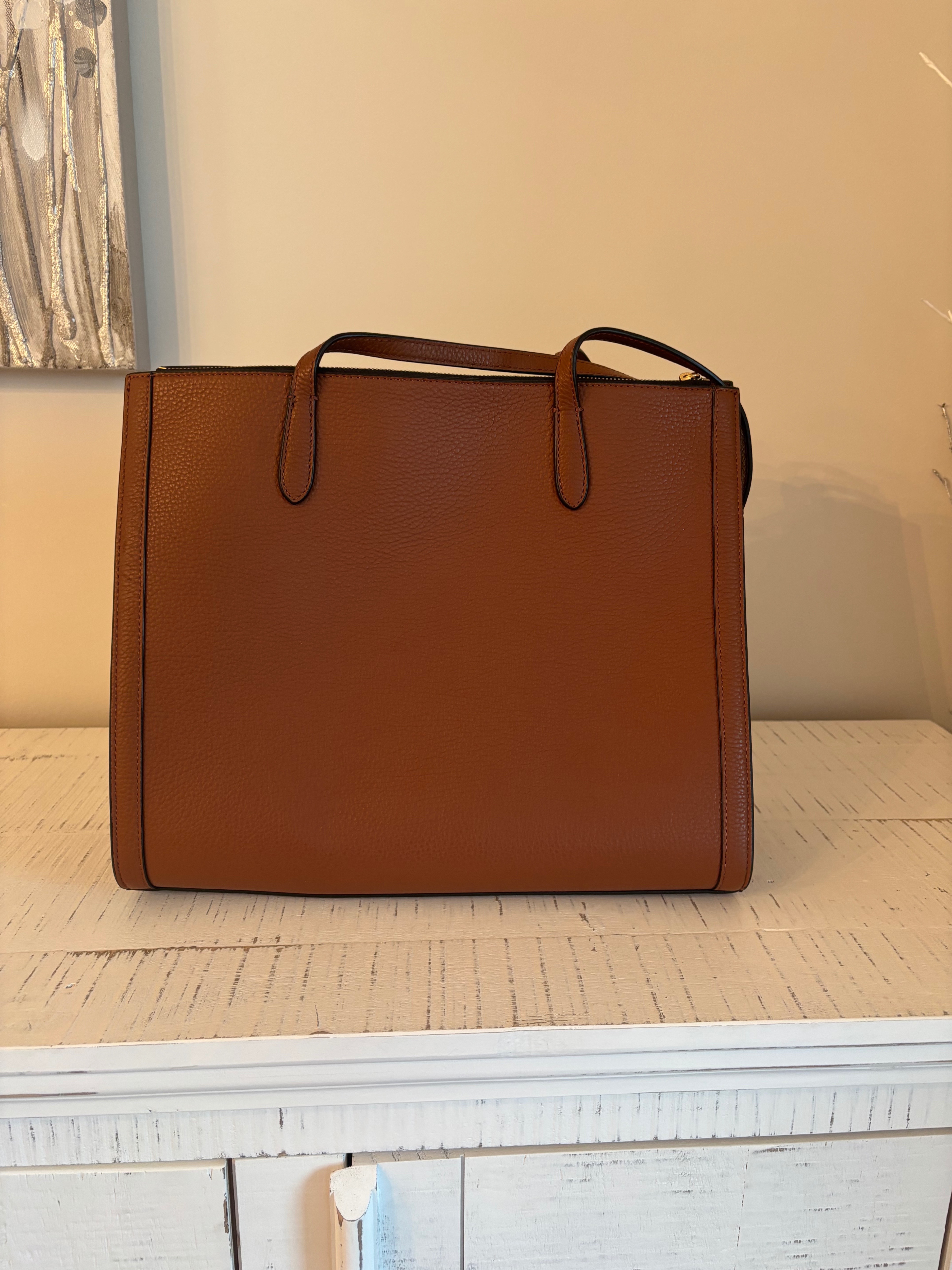 Large, camel leather tote, purse, bag with gray interior - photo 3