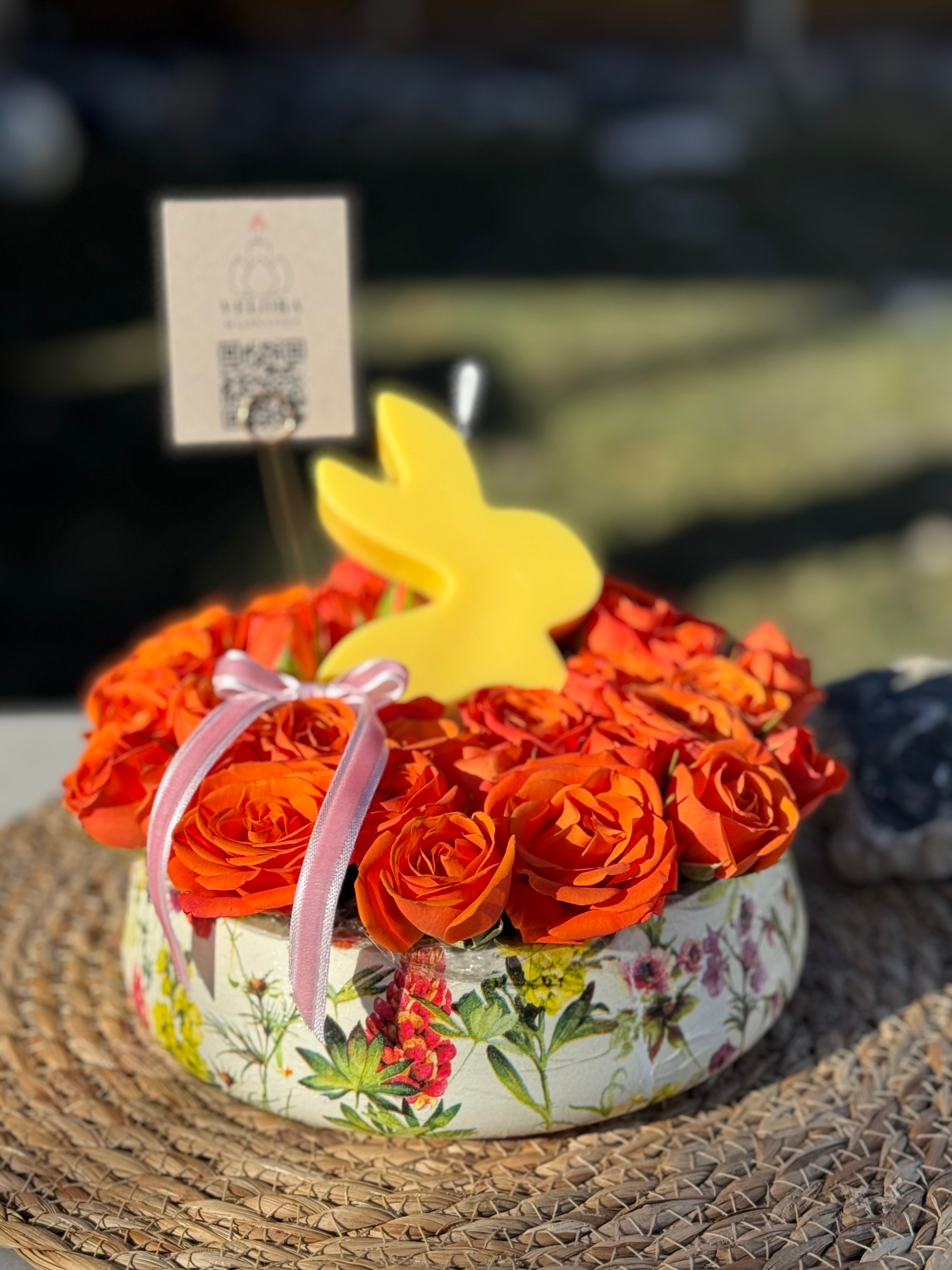 Fresh Flower Arrangement in Decoupage Cement Vase & Bunny Candle - photo 2