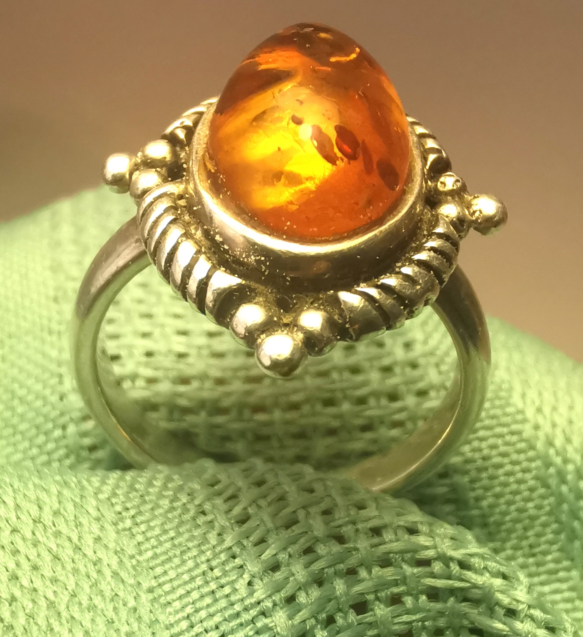 925 Sterling Silver Baltic Honey Amber Ring Size 6.5 Sun Spangle