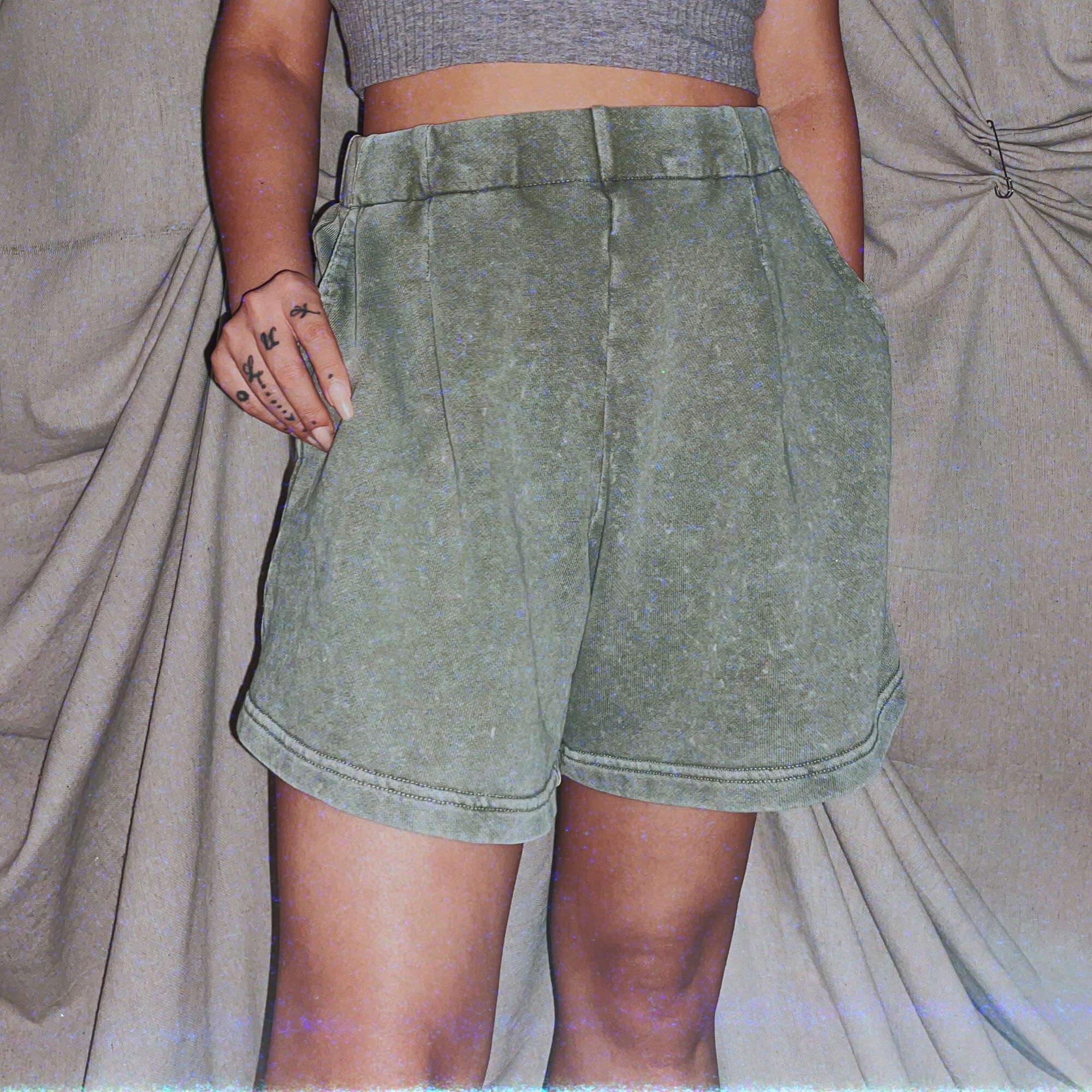 green acid wash soft high waist wide leg shorts