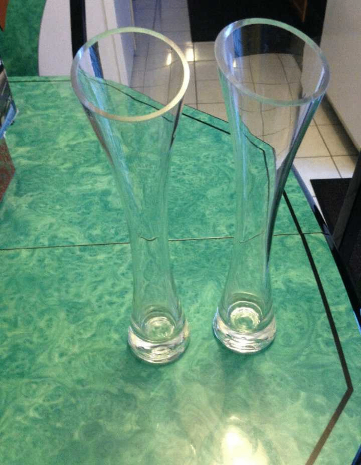 2 Matching Glass Vases. $10 for the pair.