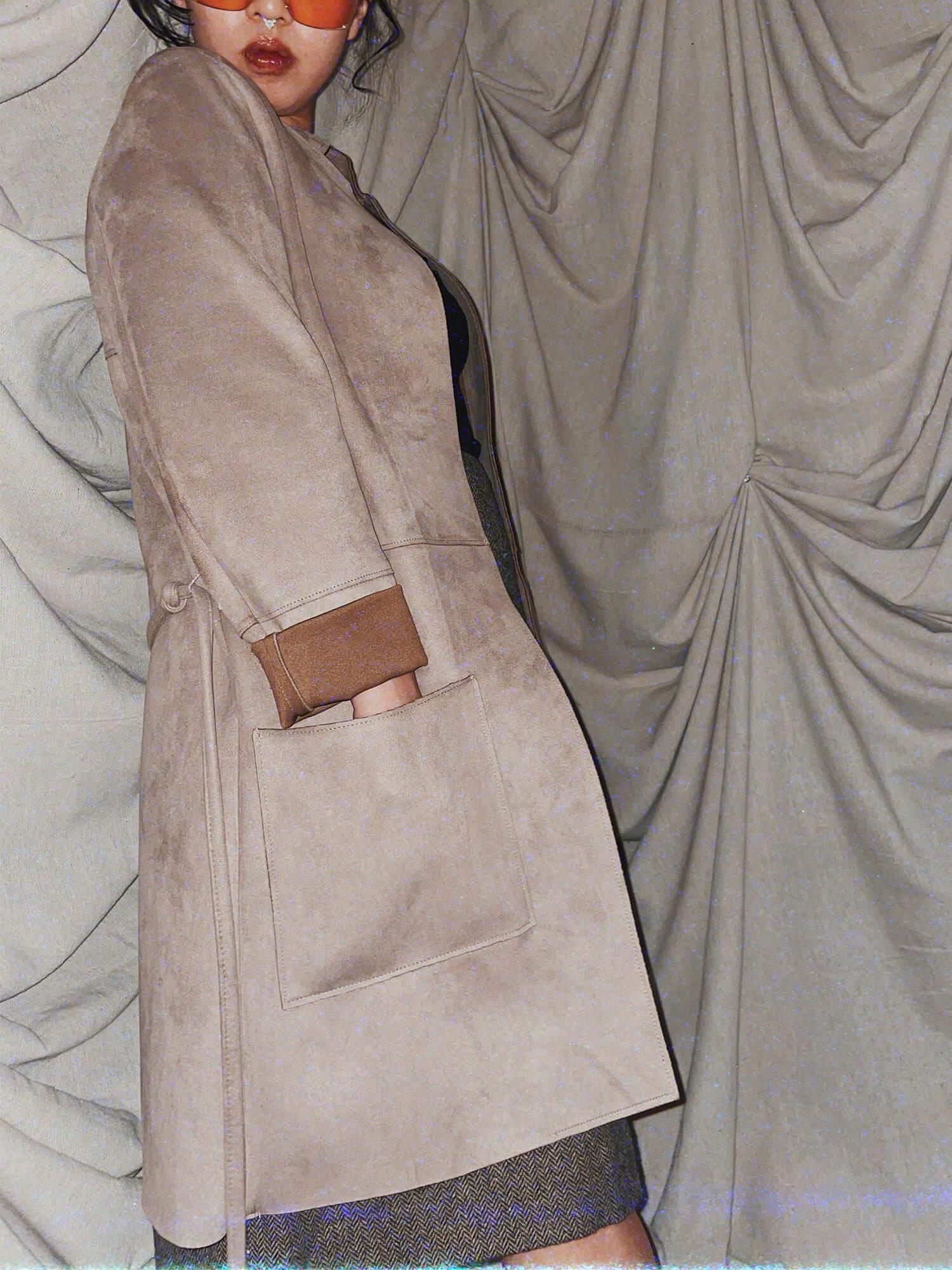 brown suede robe wrap jacket long sleeves coat outerwear - photo 2