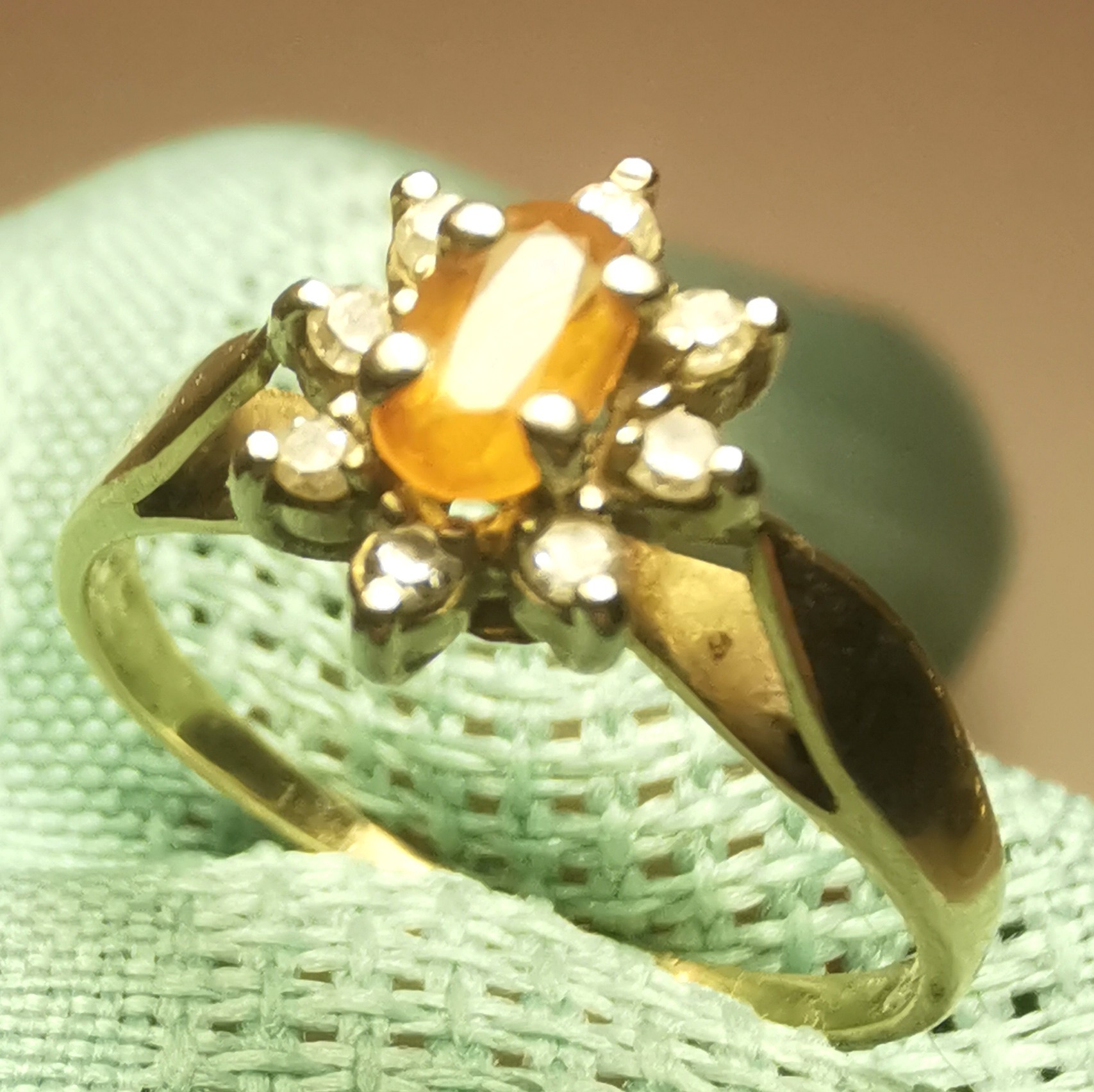 14K Gold Natural Citrine & Diamond Halo Ring Size 5.5 Circa 1980