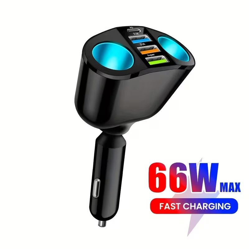 66W 4-Port USB Car Charger with 2 Cigarette Lighter Adapters - photo 2