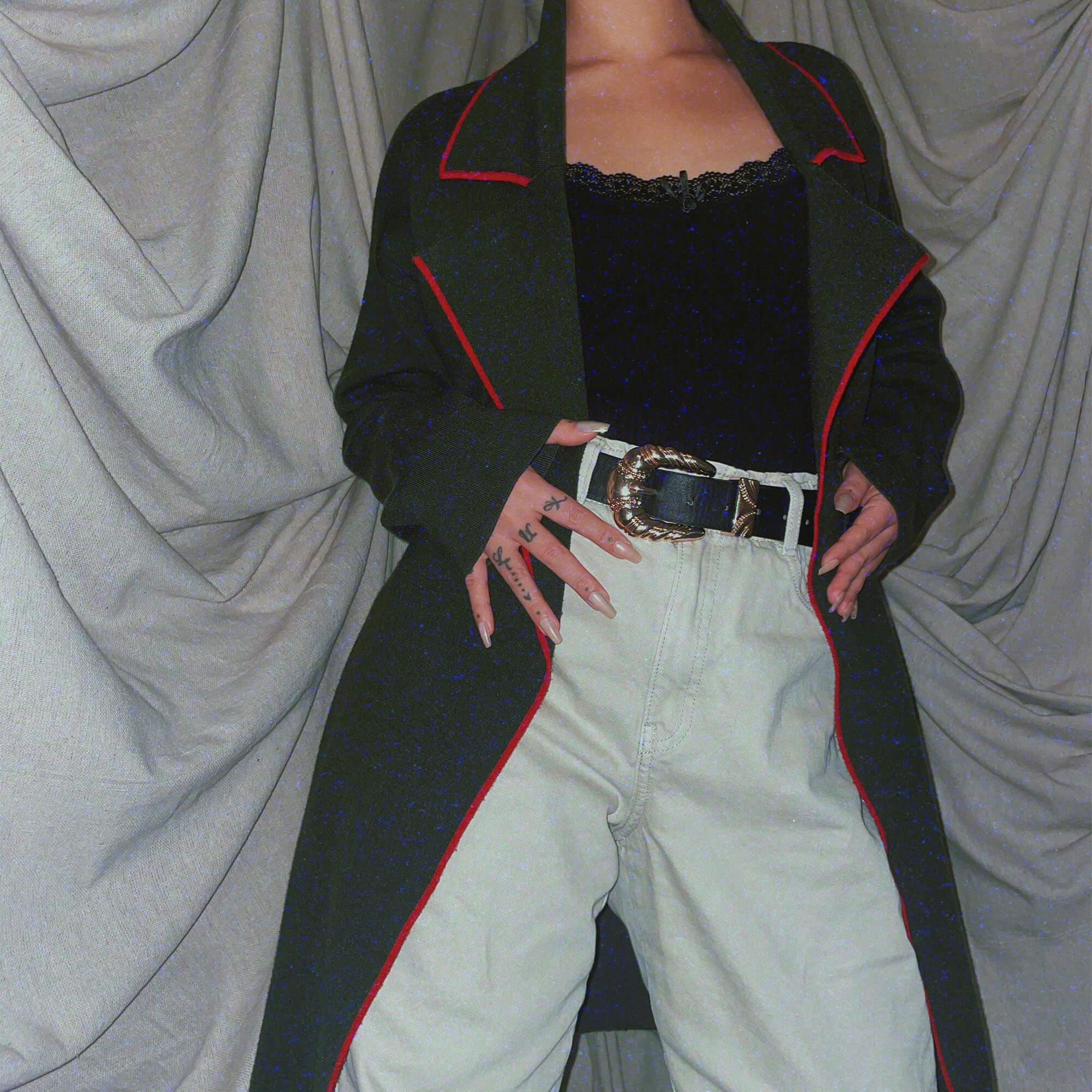 long green cardigan sweater w red stripe
