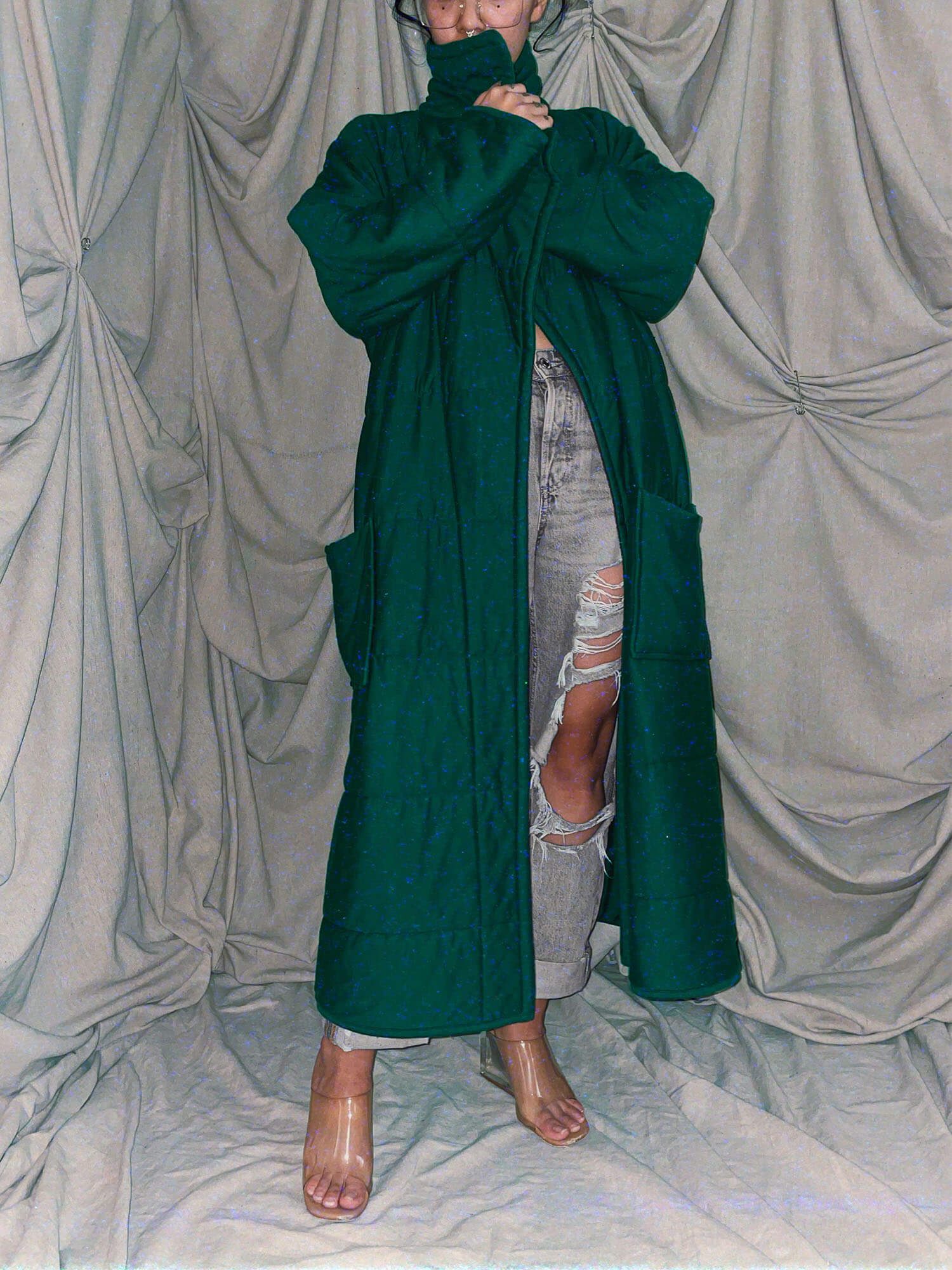 Green long maxi quilted coat outerwear jacket unisex robe - photo 2
