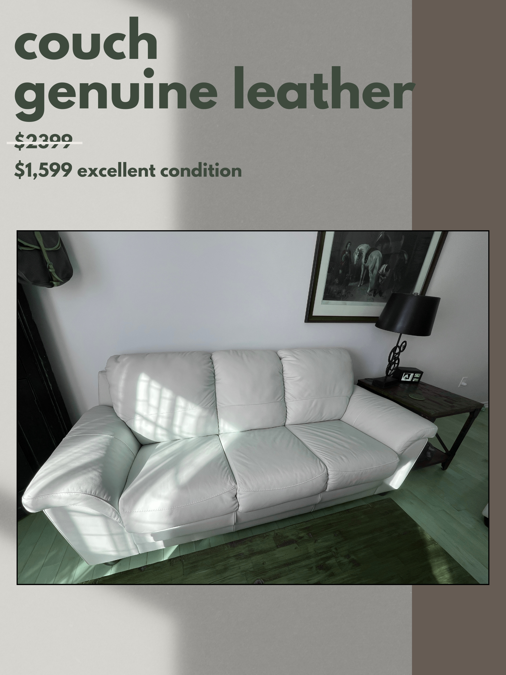 Genuine Leather Couch - Beige Excellent Condition - photo 2