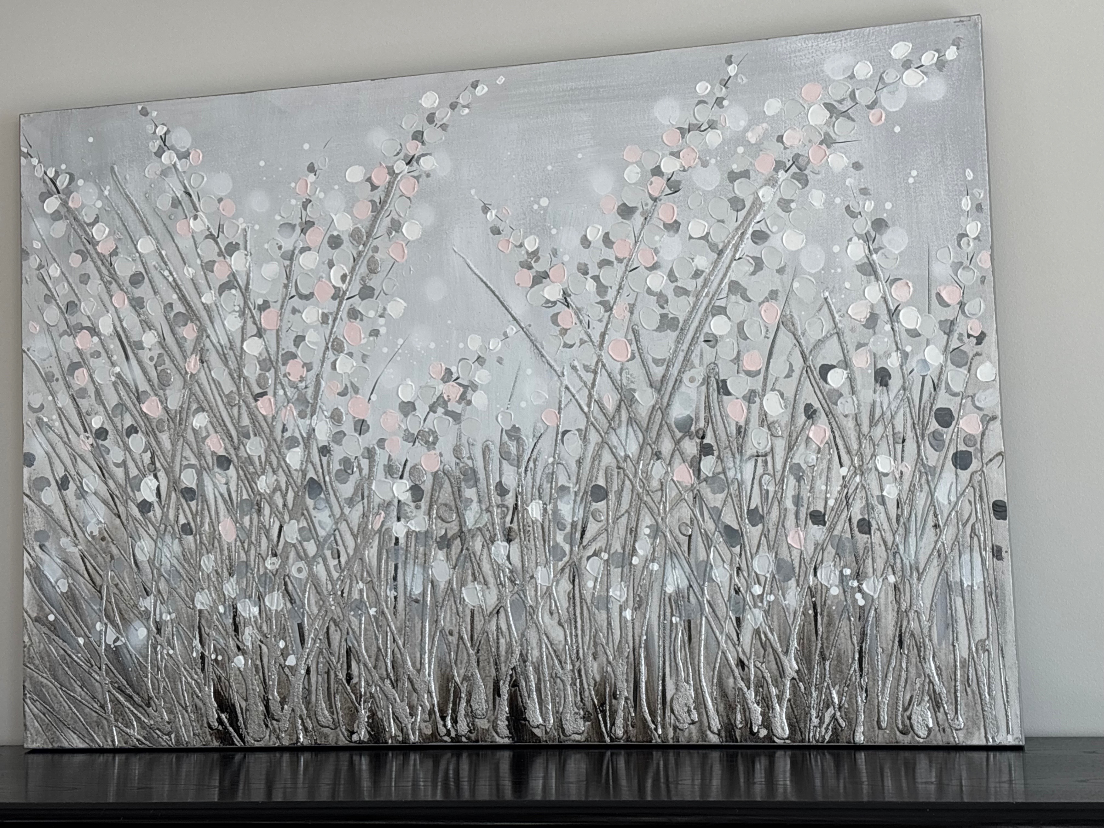Large pink white, gray, silver abstract painting, canvas