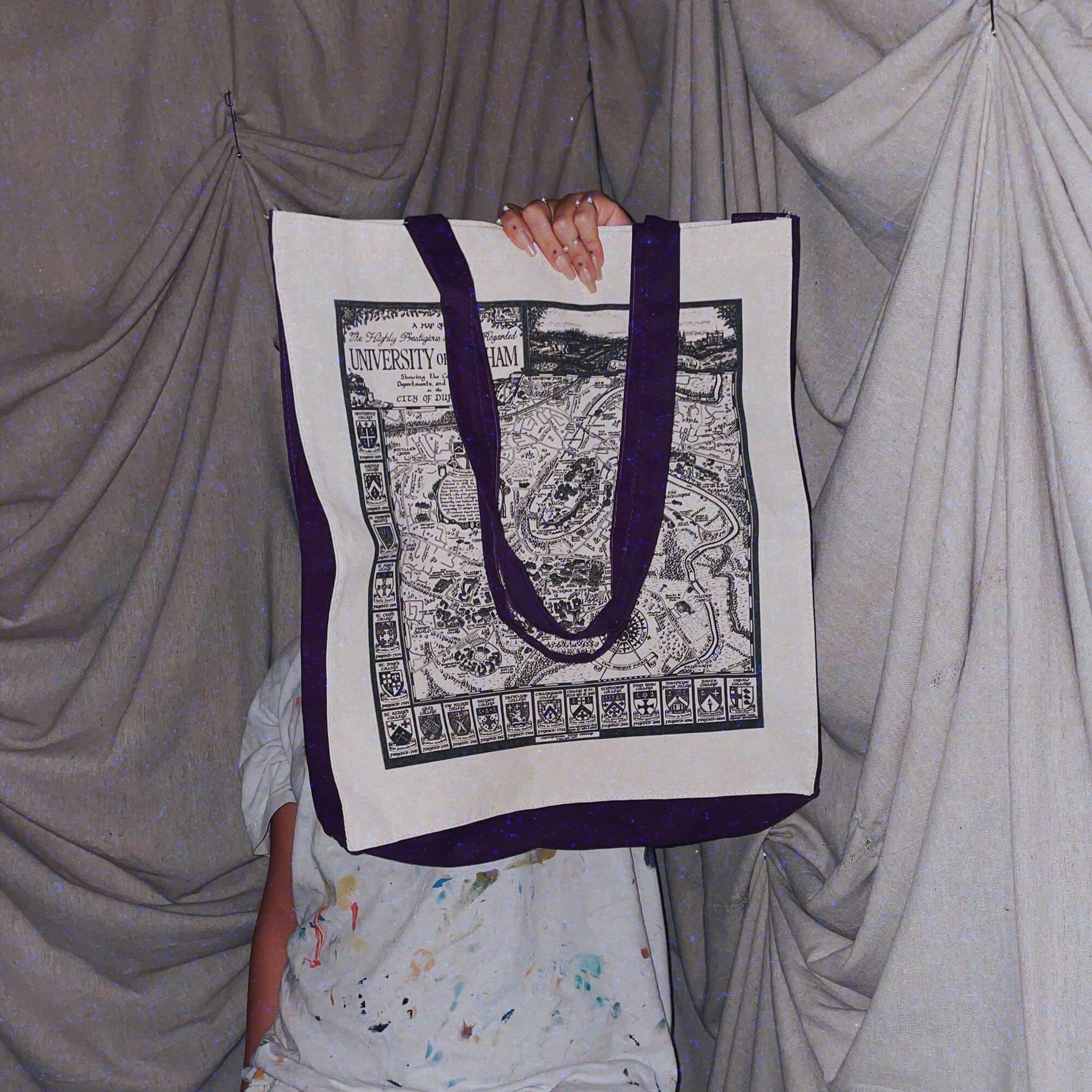 white canvas university of durham tote bag w purple accent