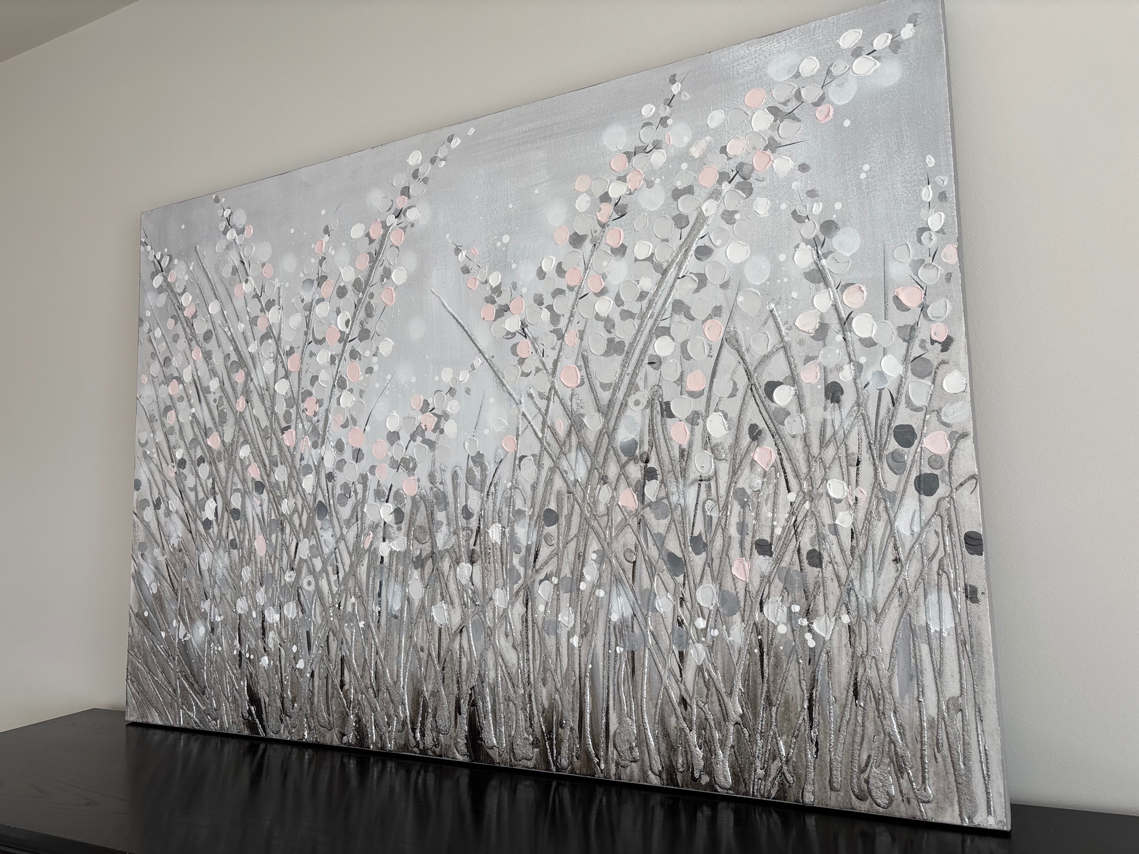 Large pink white, gray, silver abstract painting, canvas - photo 2