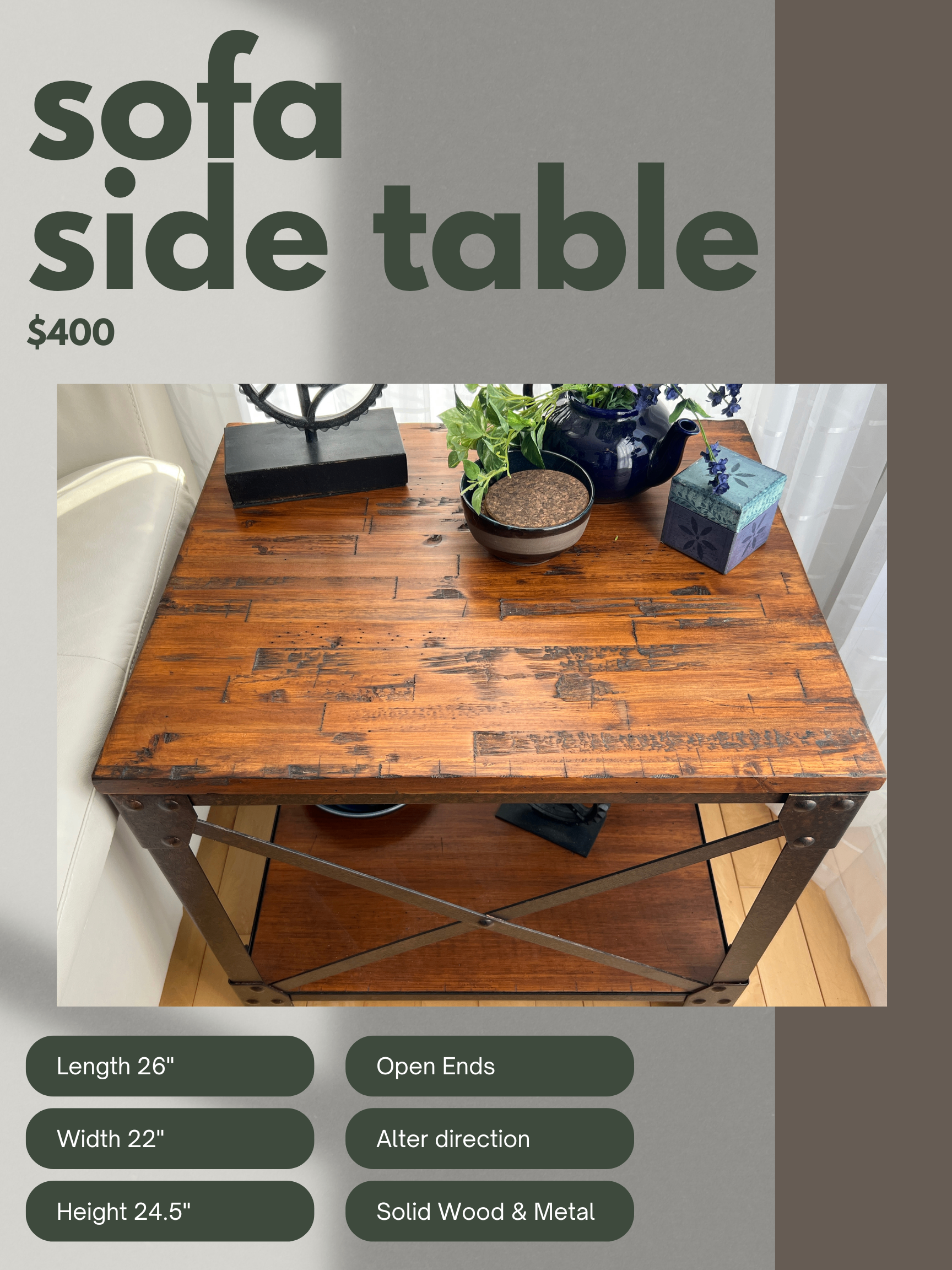 Sofa Side End Table - Solid Wood & Metal - photo 2