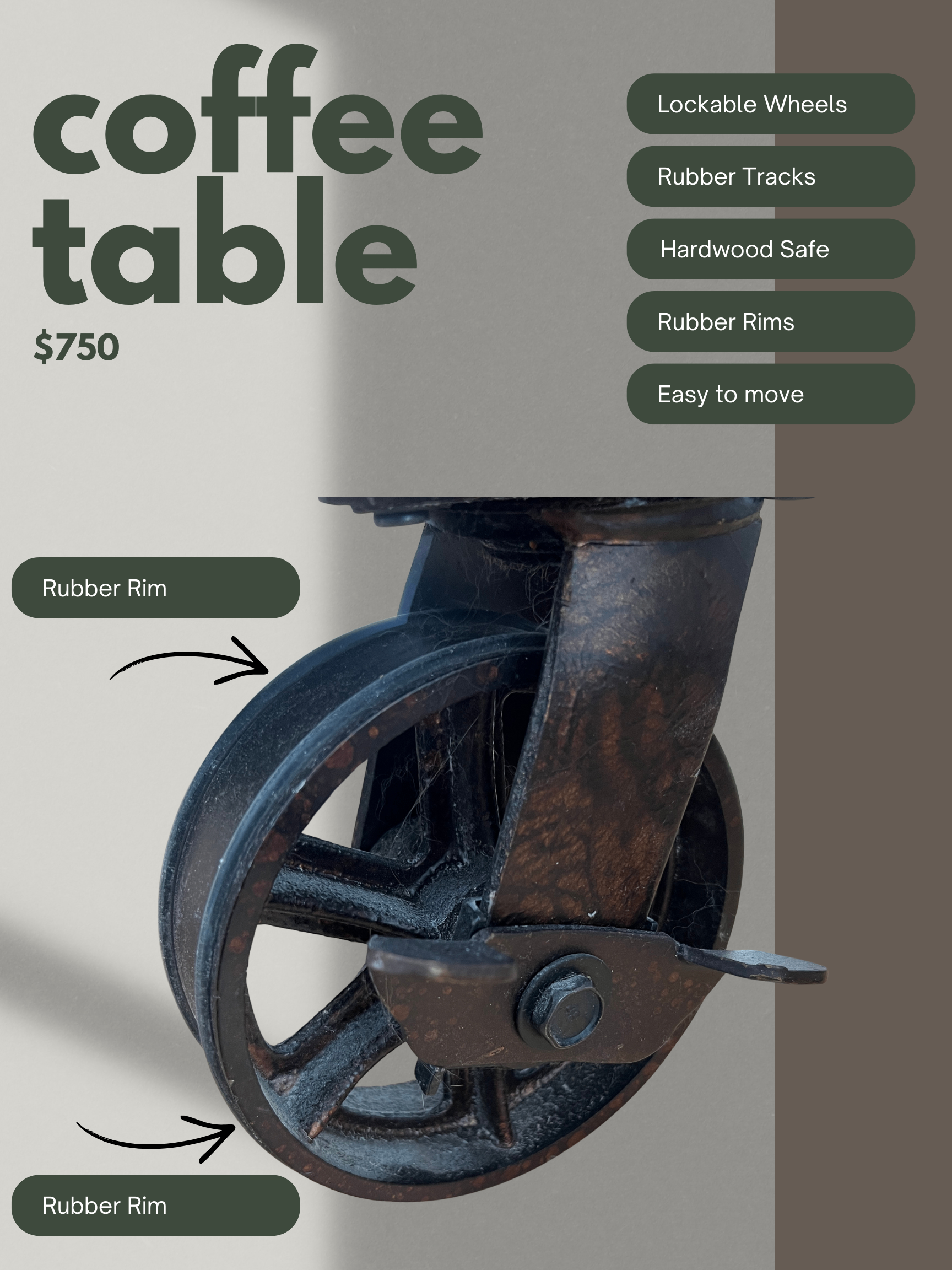 Coffee Table - Solid Wood on Cast Iron Lockable Wheels - photo 3