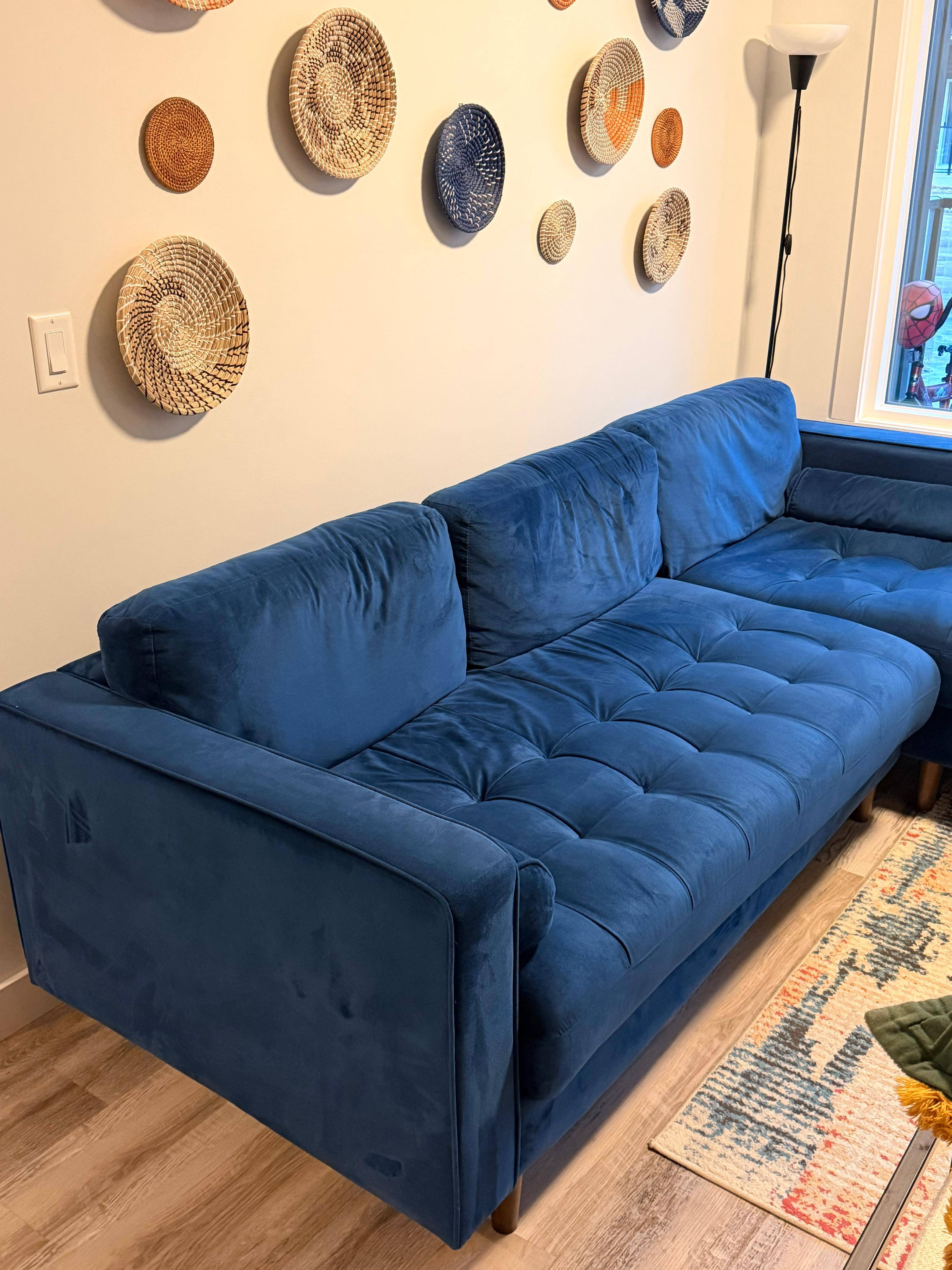 Stunning Navy Blue Velvet Sectional – Mid-Century Modern Style