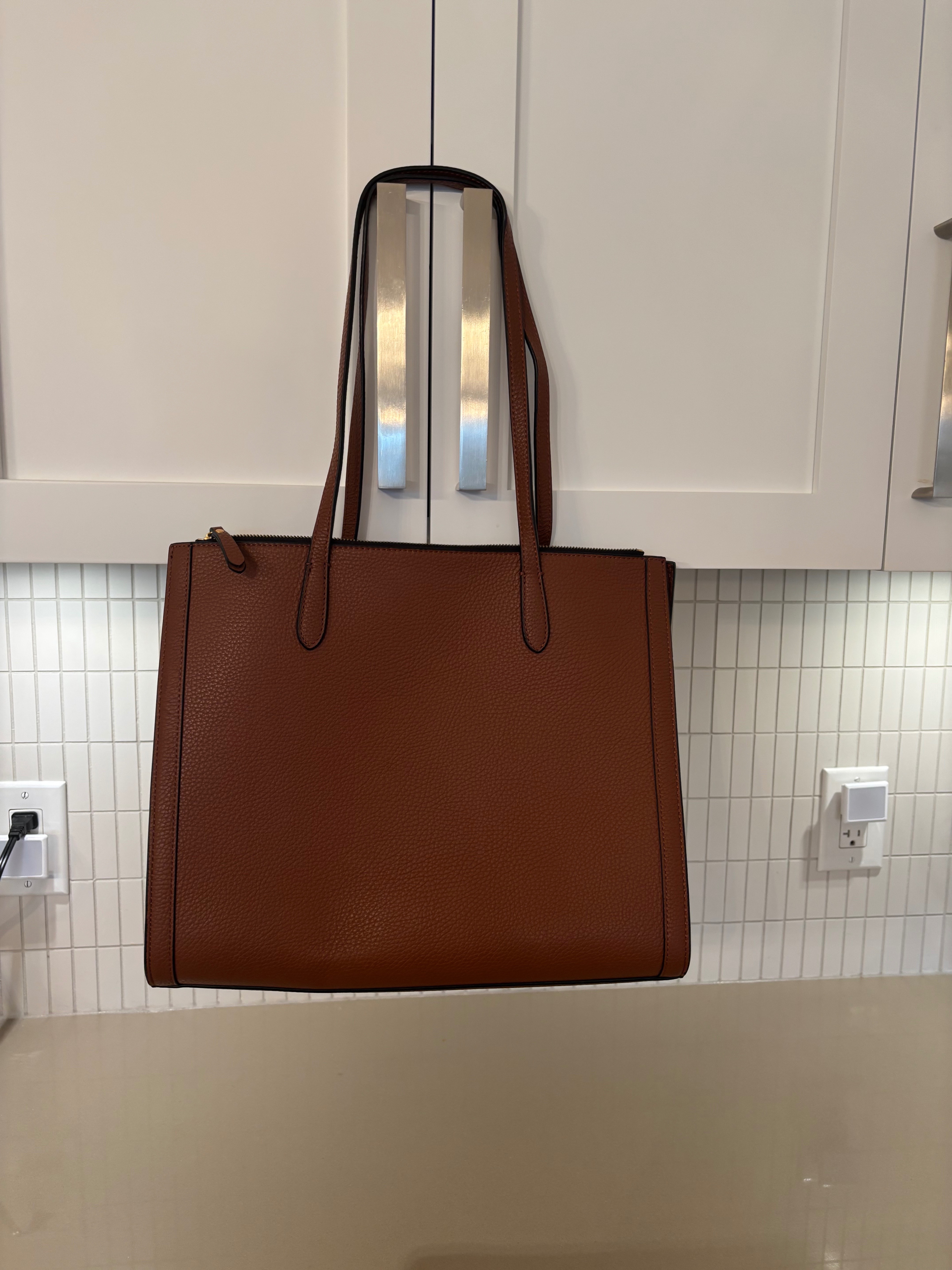 Large, camel leather tote, purse, bag with gray interior - photo 2