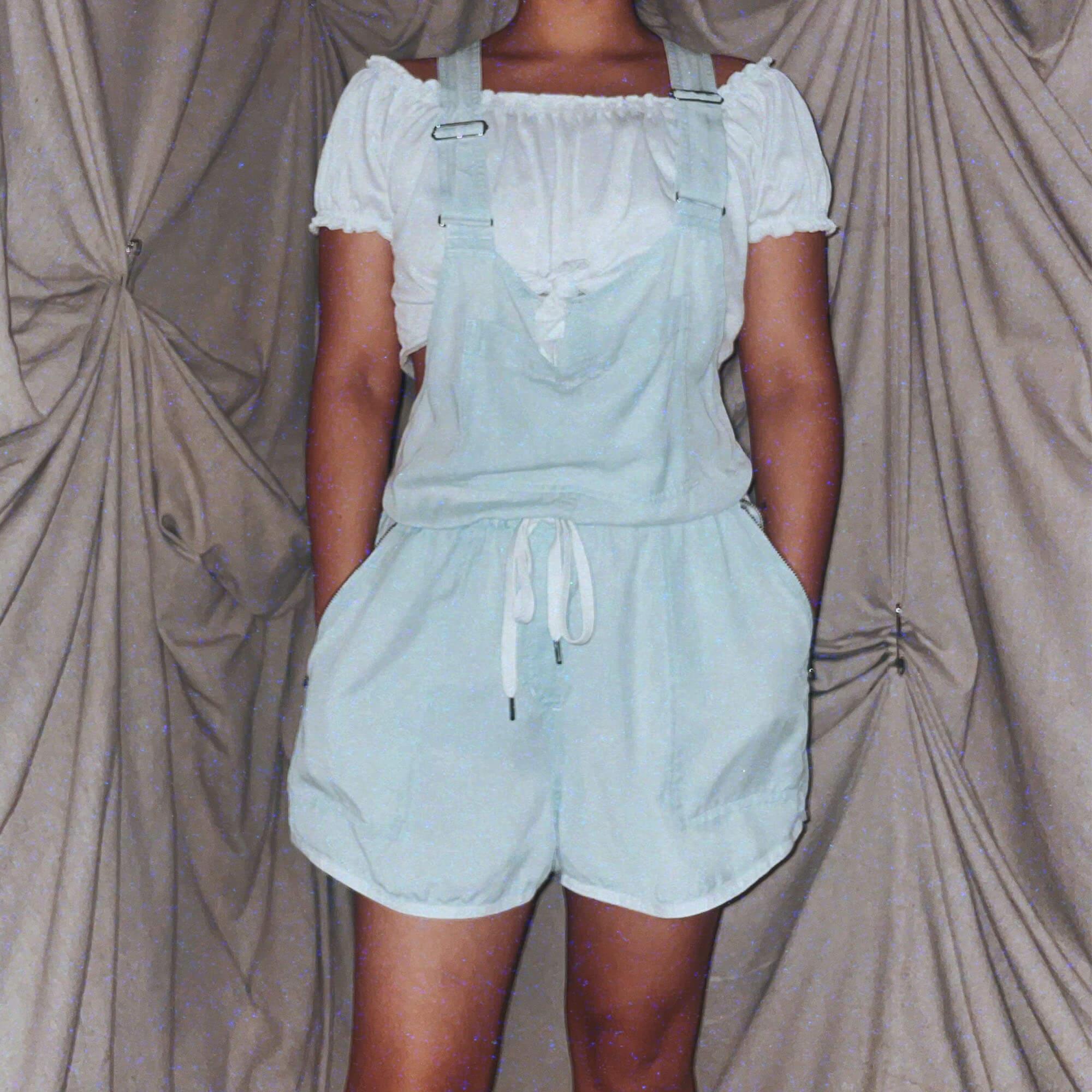 cheeky light blue overall shorts romper