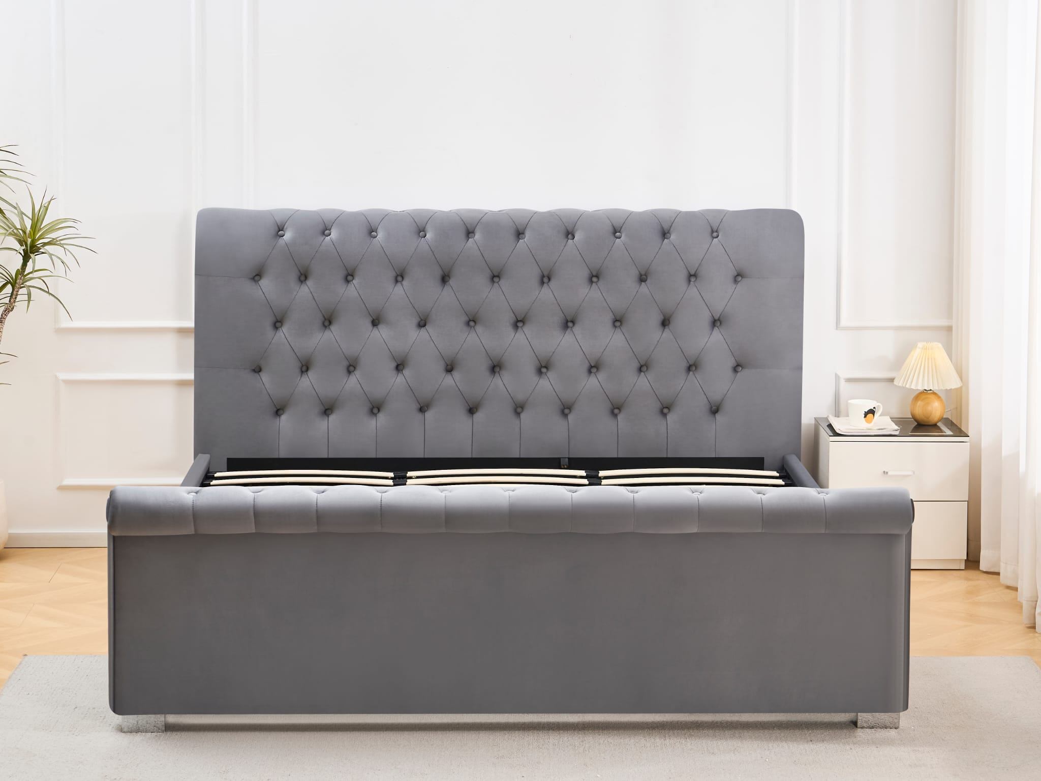 King Size Grey Upholstered Platform Bed Frame - photo 2