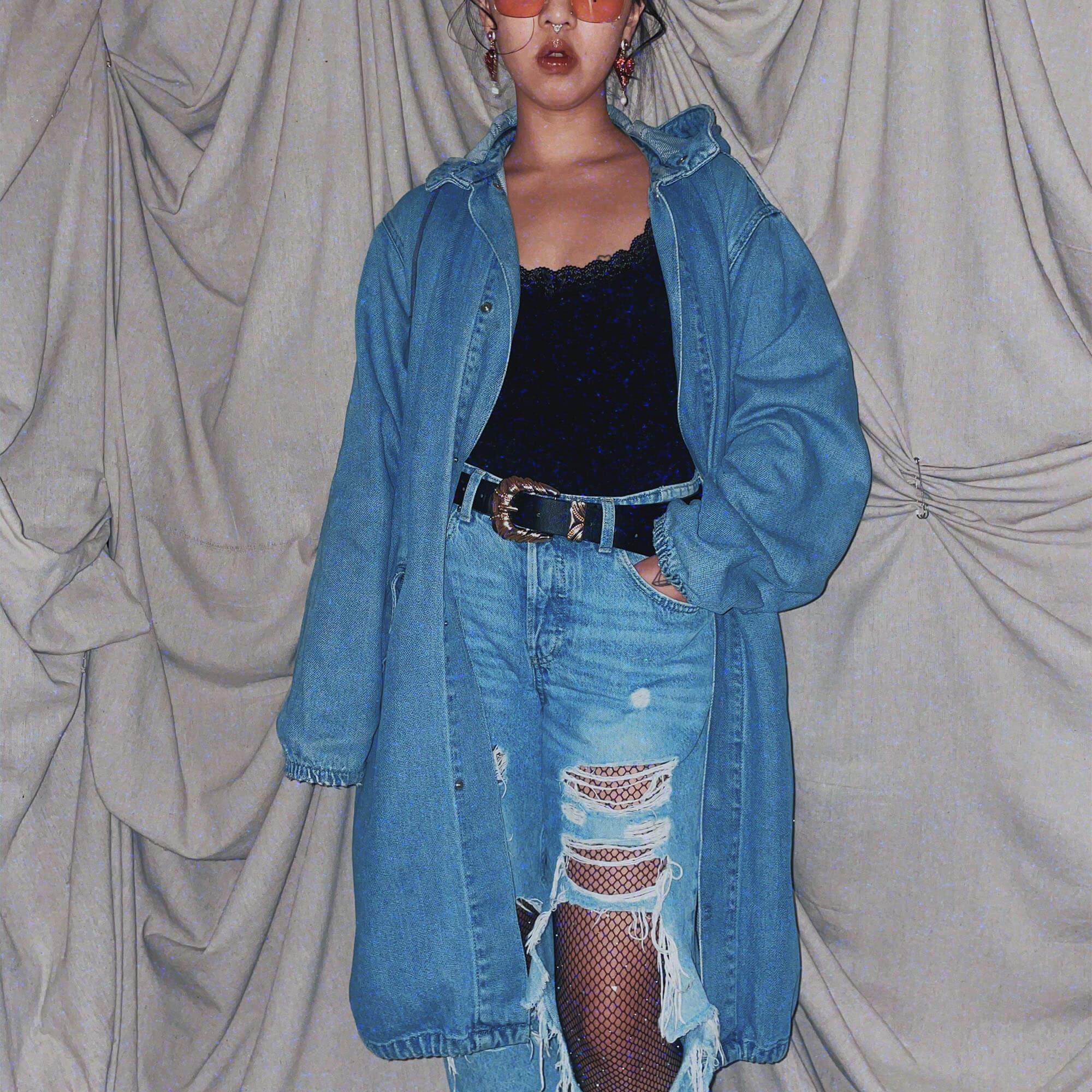 blue midi denim long coat jacket outerwear parka