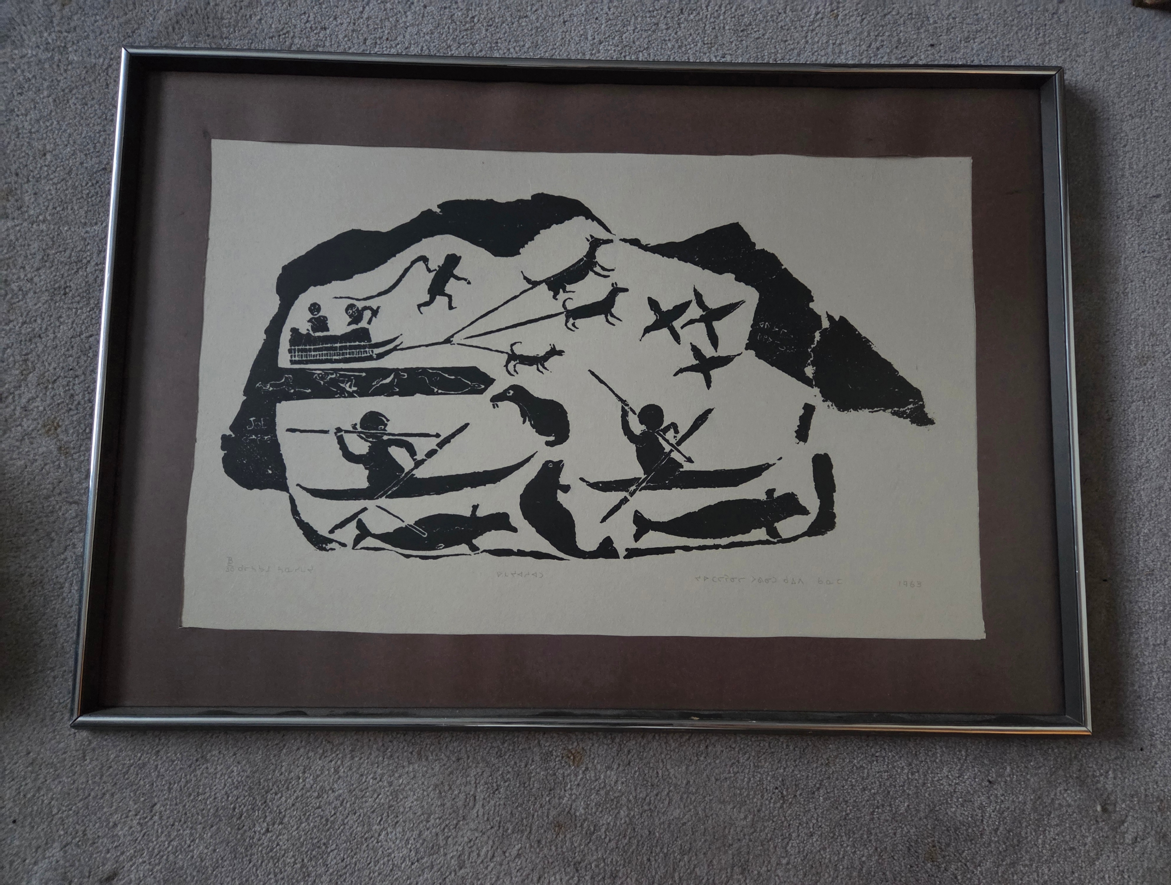 Vintage Joe Talirunili Inuit Stonecut Framed "Hunters Adrift"