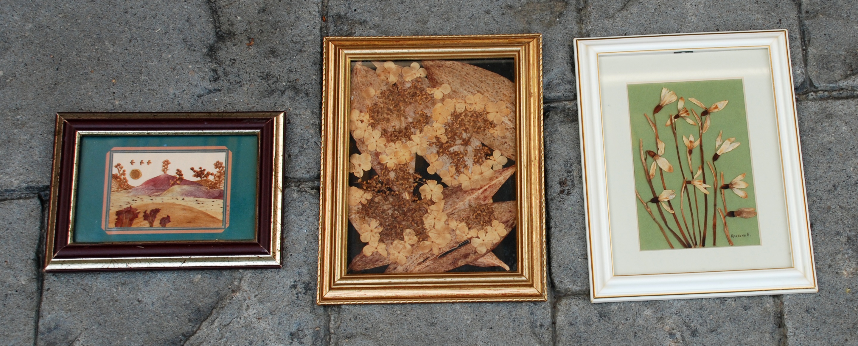 3 Vintage Pictures made of natural material, flowers and leaves.
