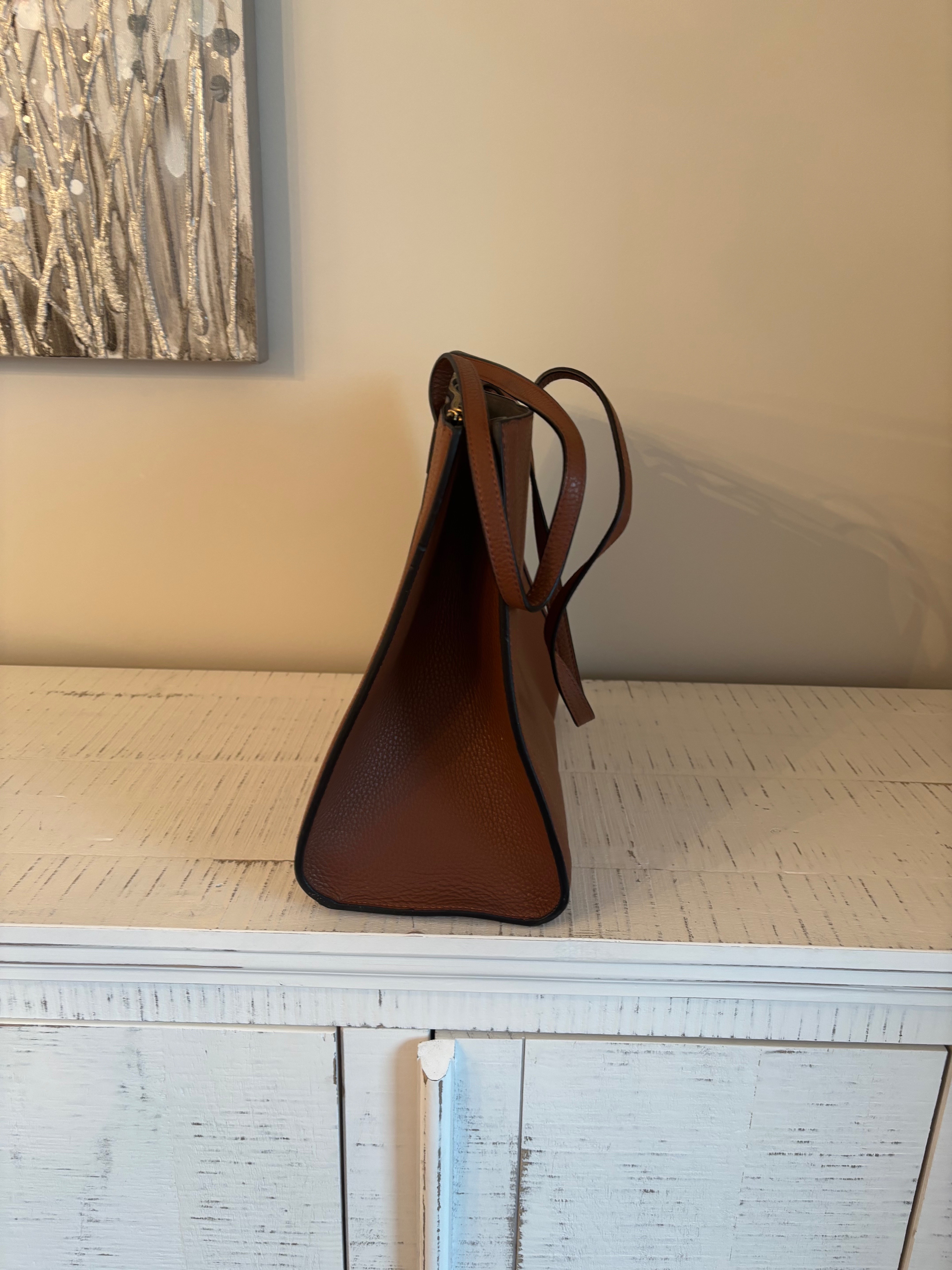 Large, camel leather tote, purse, bag with gray interior - photo 4