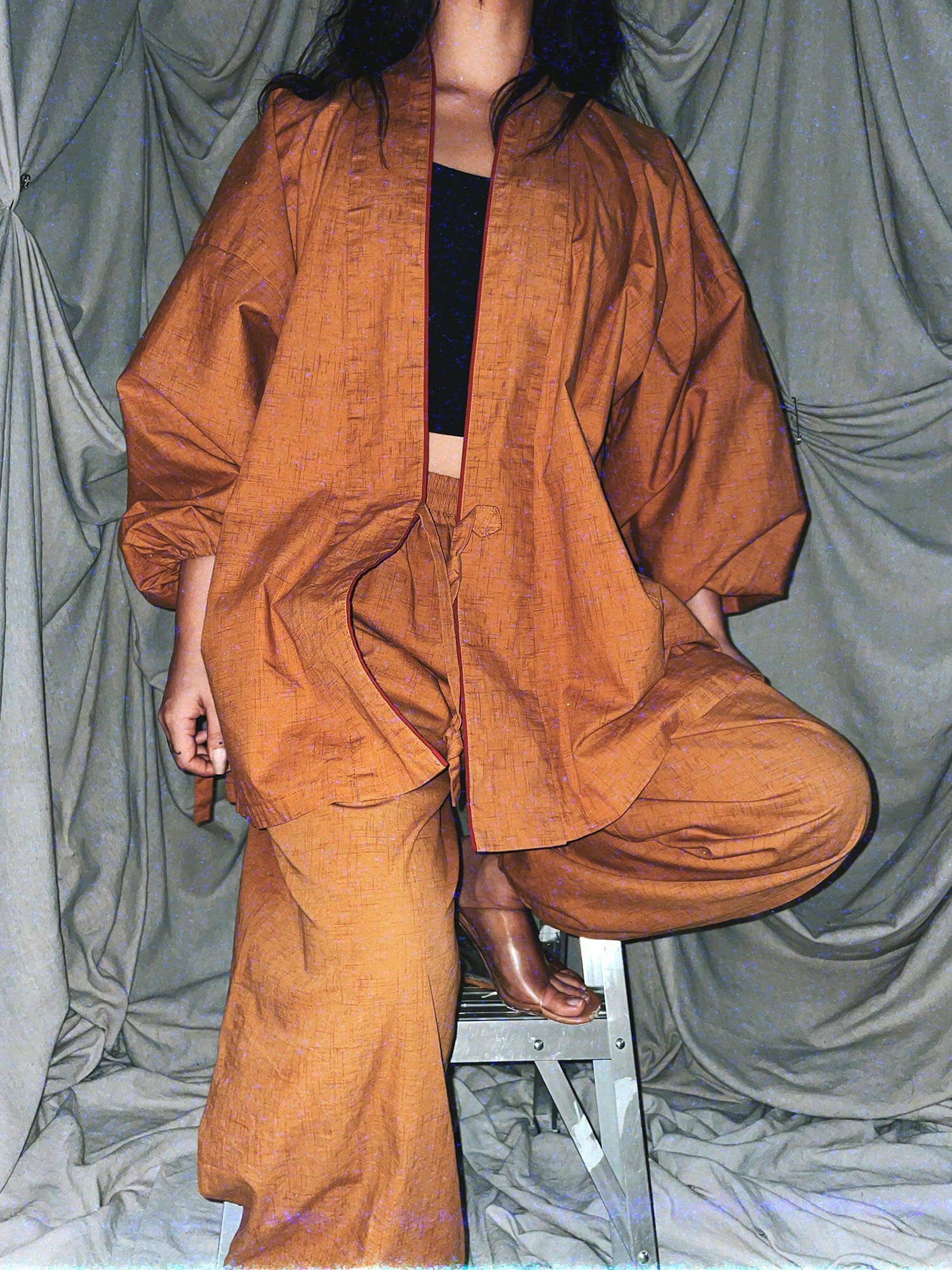 authentic kimono set ★ brown linen red accent joggers and jacket - photo 5