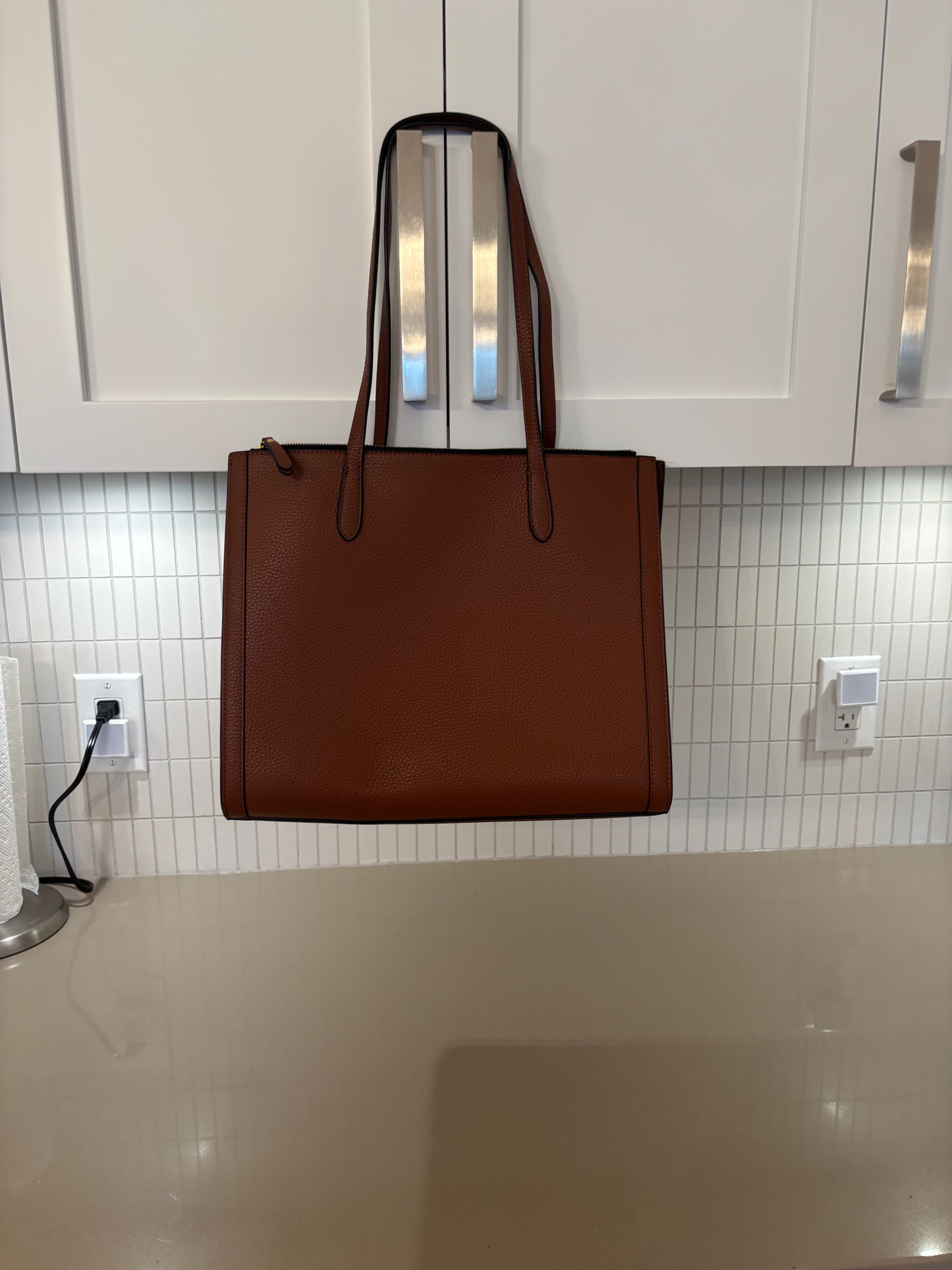 Large, camel leather tote, purse, bag with gray interior