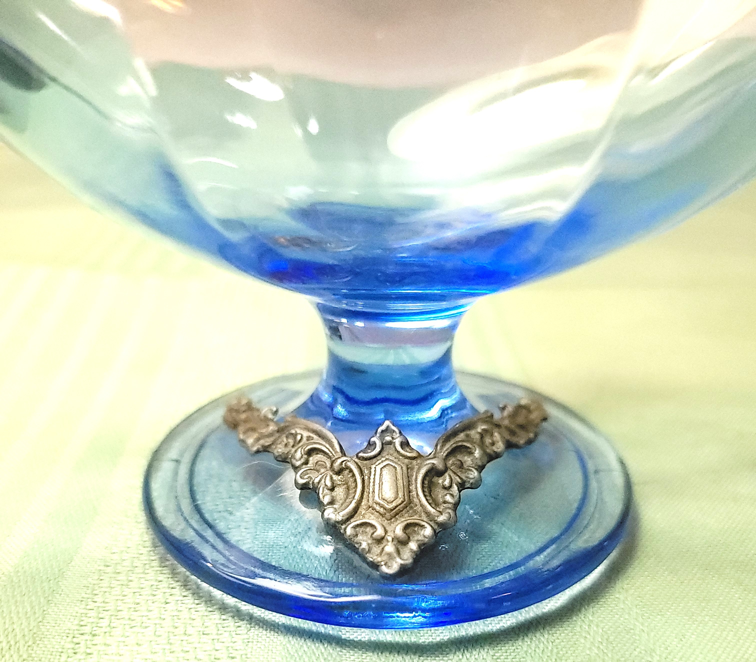 Vintage Italian Blue Glass Compote Bowl - Ornate Silver-Toned