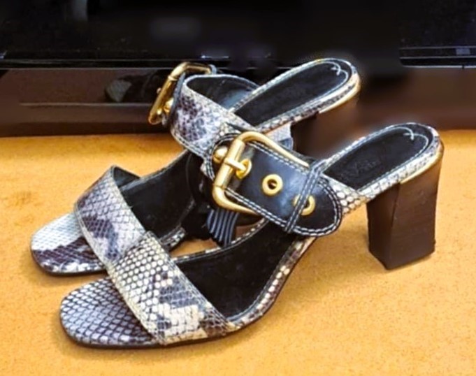 Franco Sarto Genuine Leather Snake Print Bold Gold Buckle Slides