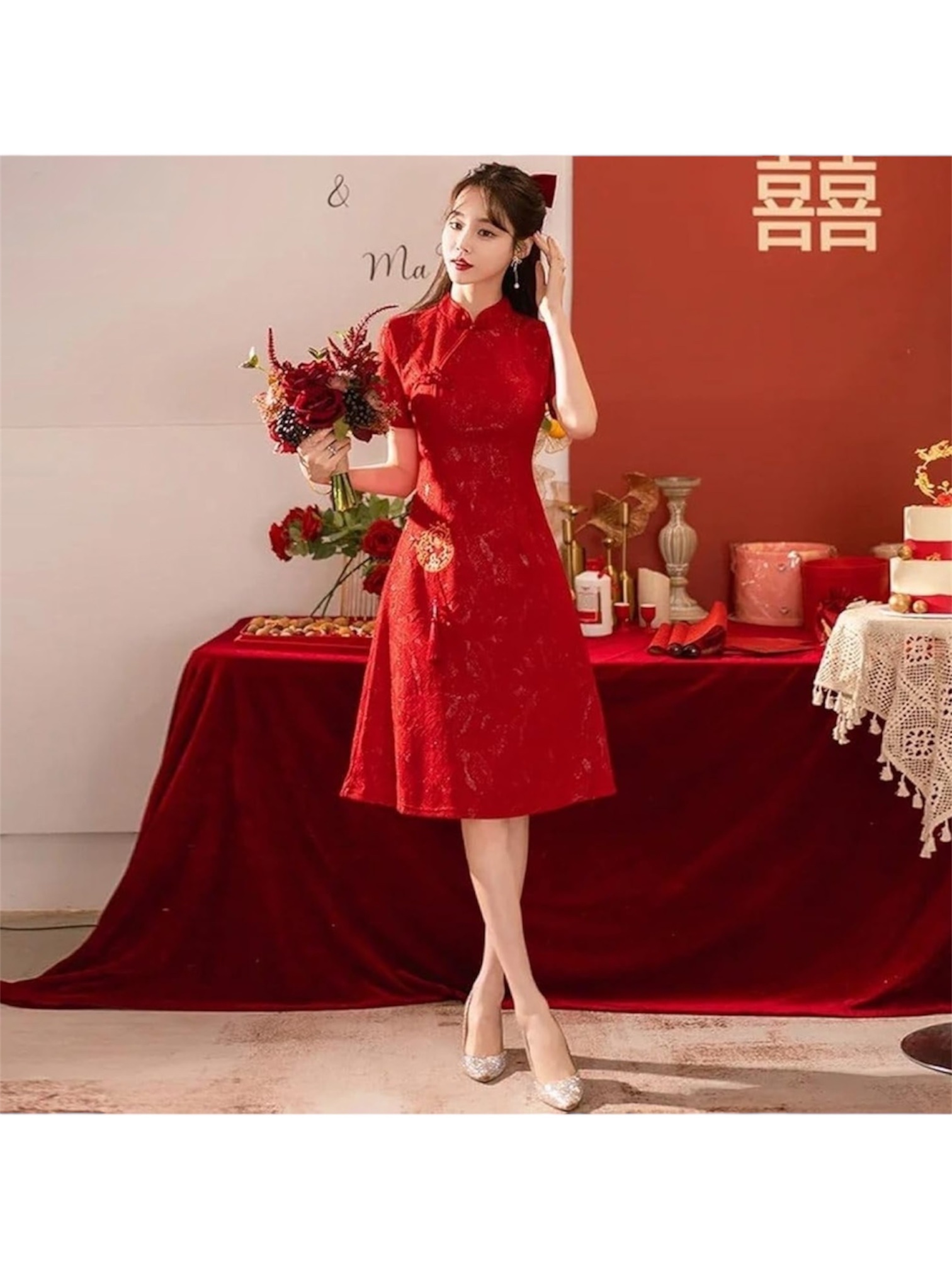 Red Floral Lace Shimmery Chinese Qipao Cheongsam Midi Dress Sz M